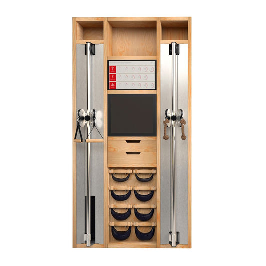 A luxurious home gym equipment, cable machine, cross country ski trainer, four pairs of swing weights, touchscreen tablet and shelves all in walnut wood finish. NOHRD Wall - The Modular Solution