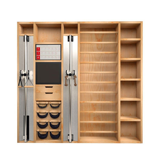 A luxurious home gym equipment, cable machine, cross country ski trainer, four pairs of swing weights, wall bar, touchscreen tablet and shelving, all in walnut wood finish. NOHRD Wall - The Modular Solution