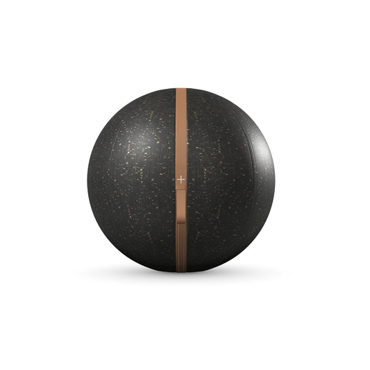 A sleek black fitness ball made with premium Italian leather and crafted from natural cork in gold color option. PENT. MESNA CORK - Luxury Cork Fitness Ball