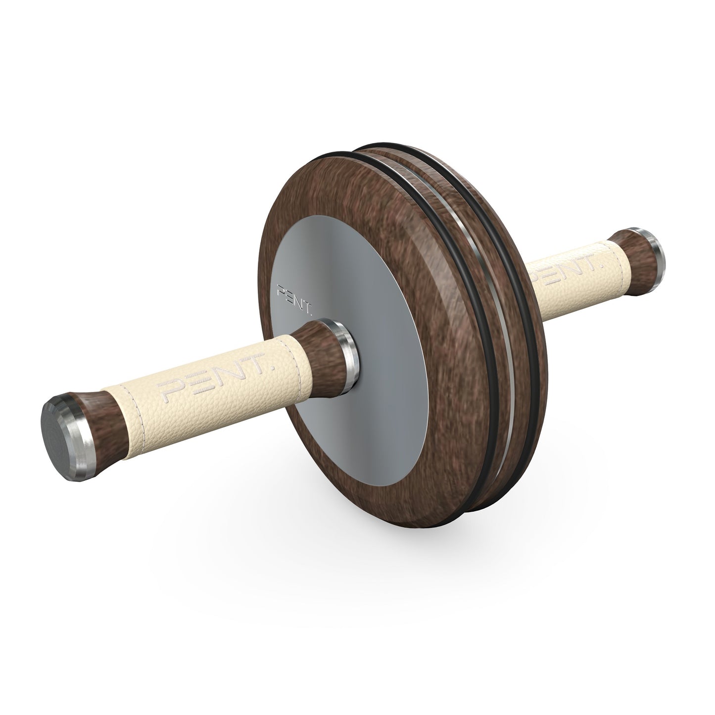 A luxurious home gym equipment, wooden ab roller with dark walnut wood, premium steel and genuine leather in beige colour, designed for core workouts. PENT. TWISTA- Luxury Ab Roller