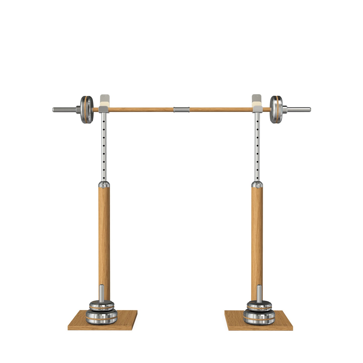 Luxury gym equipment, premium bench press rack and barbell made with stainless steel and natural oak wood. PENT. BYSTRA - Luxury Bench Press Set