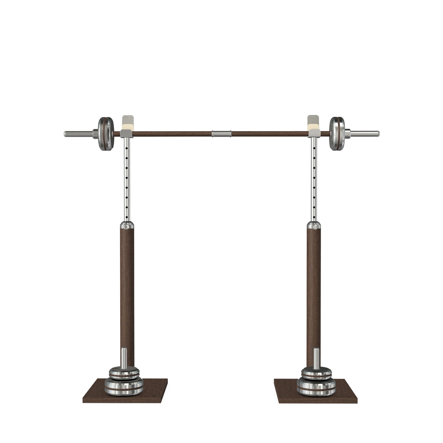 Luxury gym equipment, premium bench press rack and barbell made with stainless steel and natural walnut wood. PENT. BYSTRA - Luxury Bench Press Set
