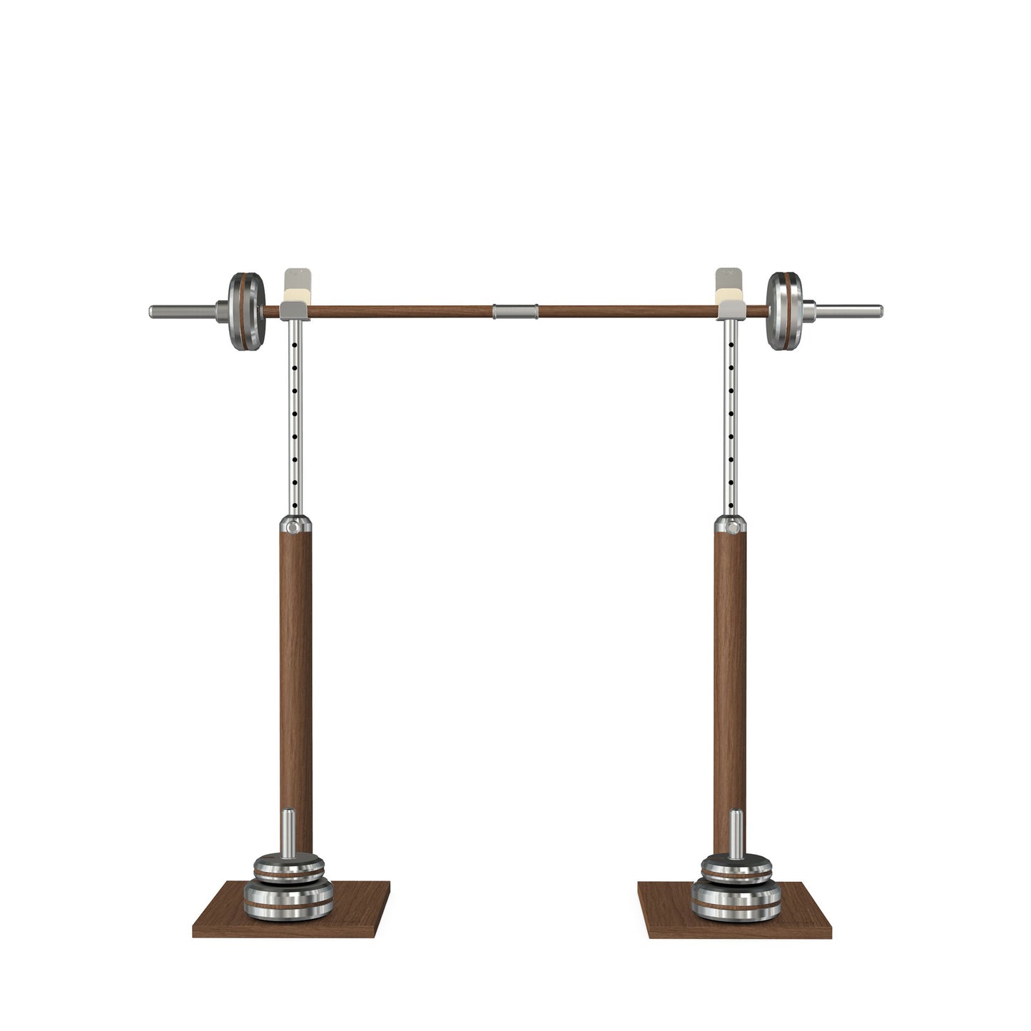 Luxury gym equipment, premium bench press rack and barbell made with stainless steel and dark walnut wood. PENT. BYSTRA - Luxury Bench Press Set