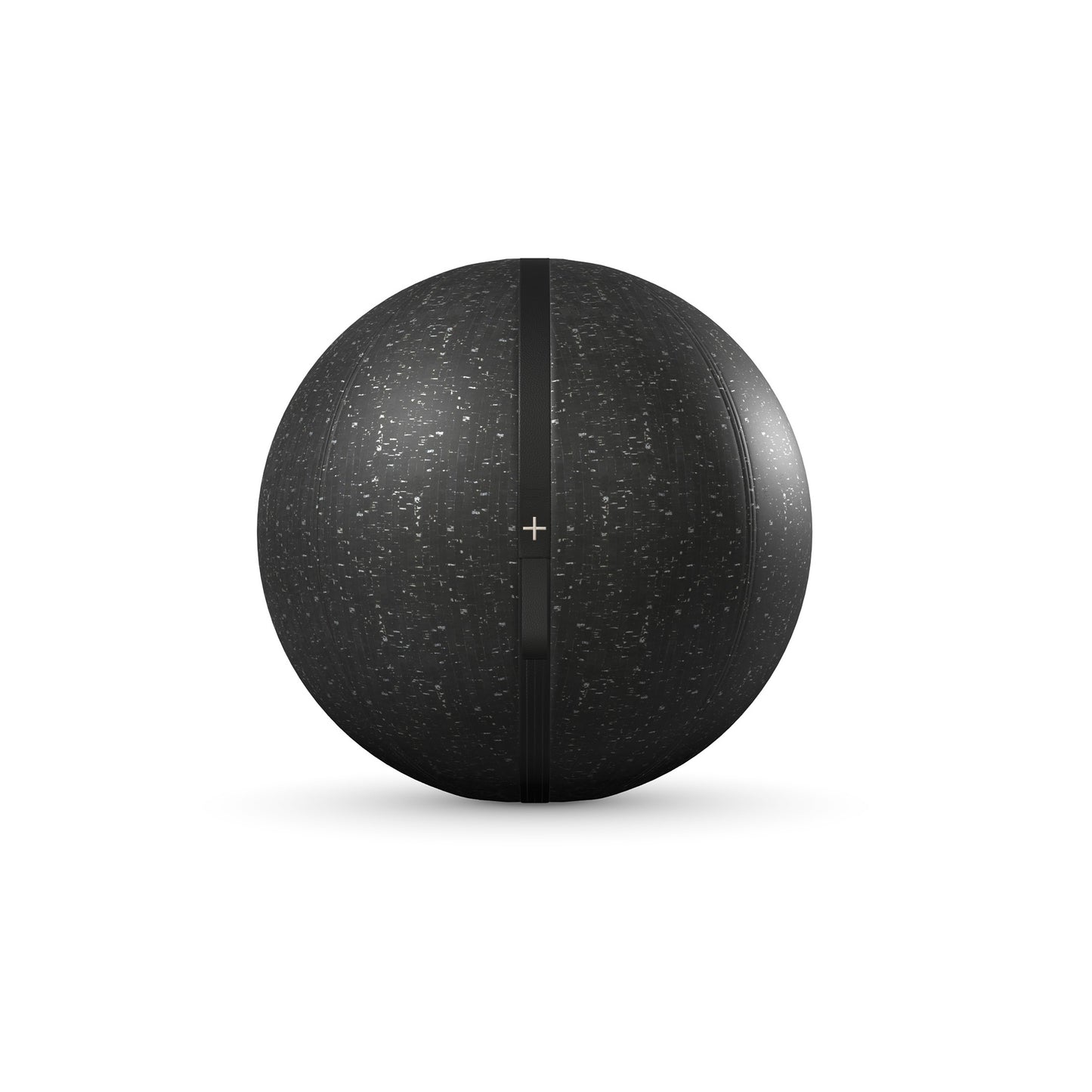 Close up view of a sleek black fitness ball made with premium Italian leather and crafted from natural cork. PENT. MESNA CORK - Luxury Cork Fitness Ball