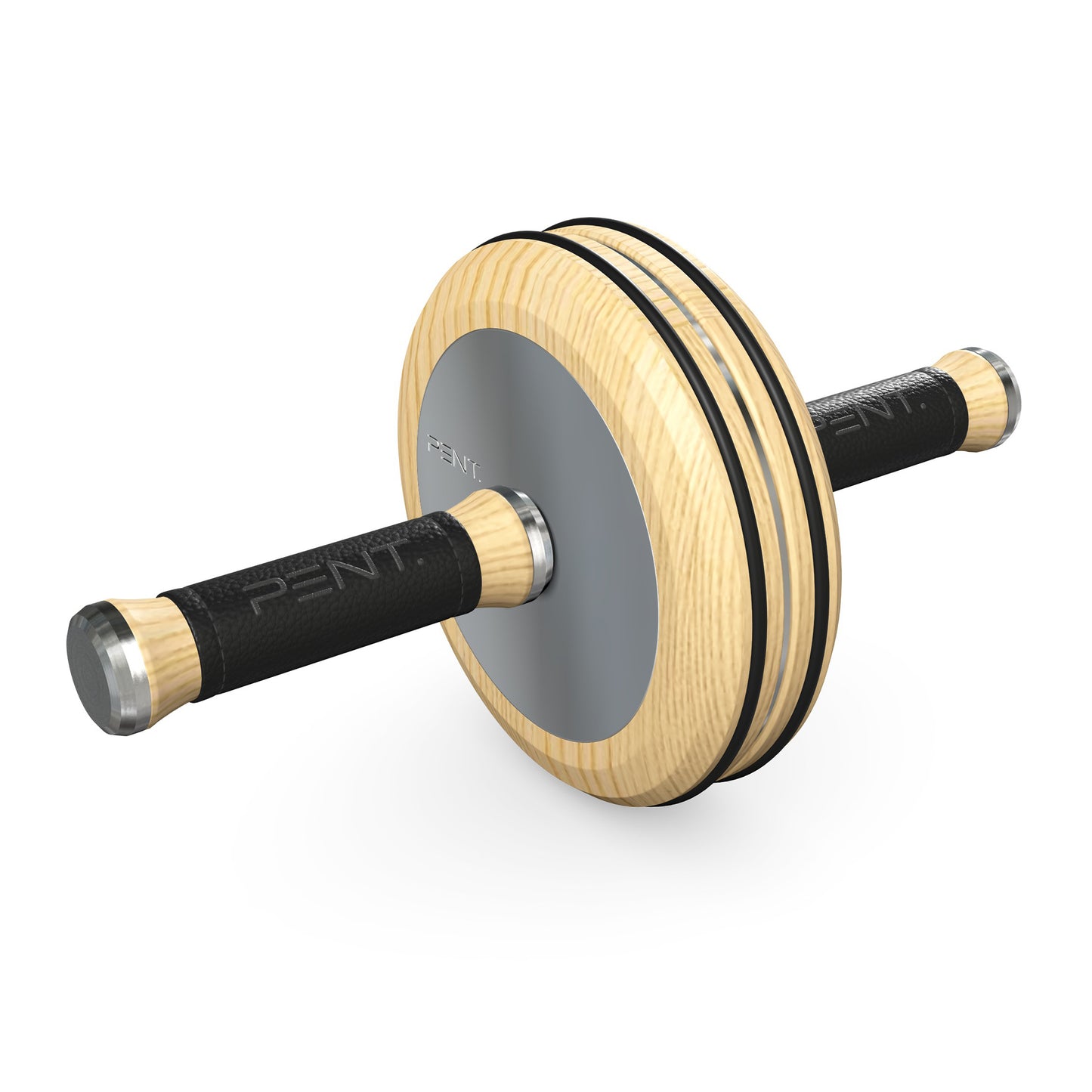 A luxurious home gym equipment, wooden ab roller with natural ash wood, premium steel and genuine leather in black colour, designed for core workouts. PENT. TWISTA- Luxury Ab Roller