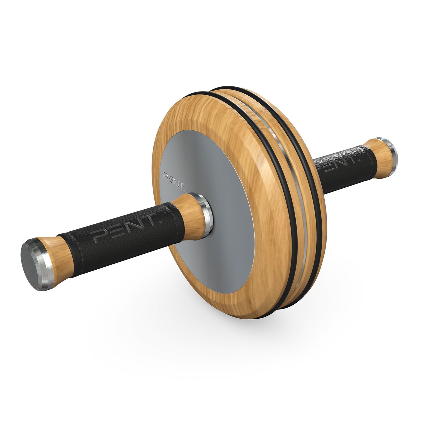 A luxurious home gym equipment, wooden ab roller with natural walnut wood, premium steel and genuine leather in black colour, designed for core workouts. PENT. TWISTA- Luxury Ab Roller