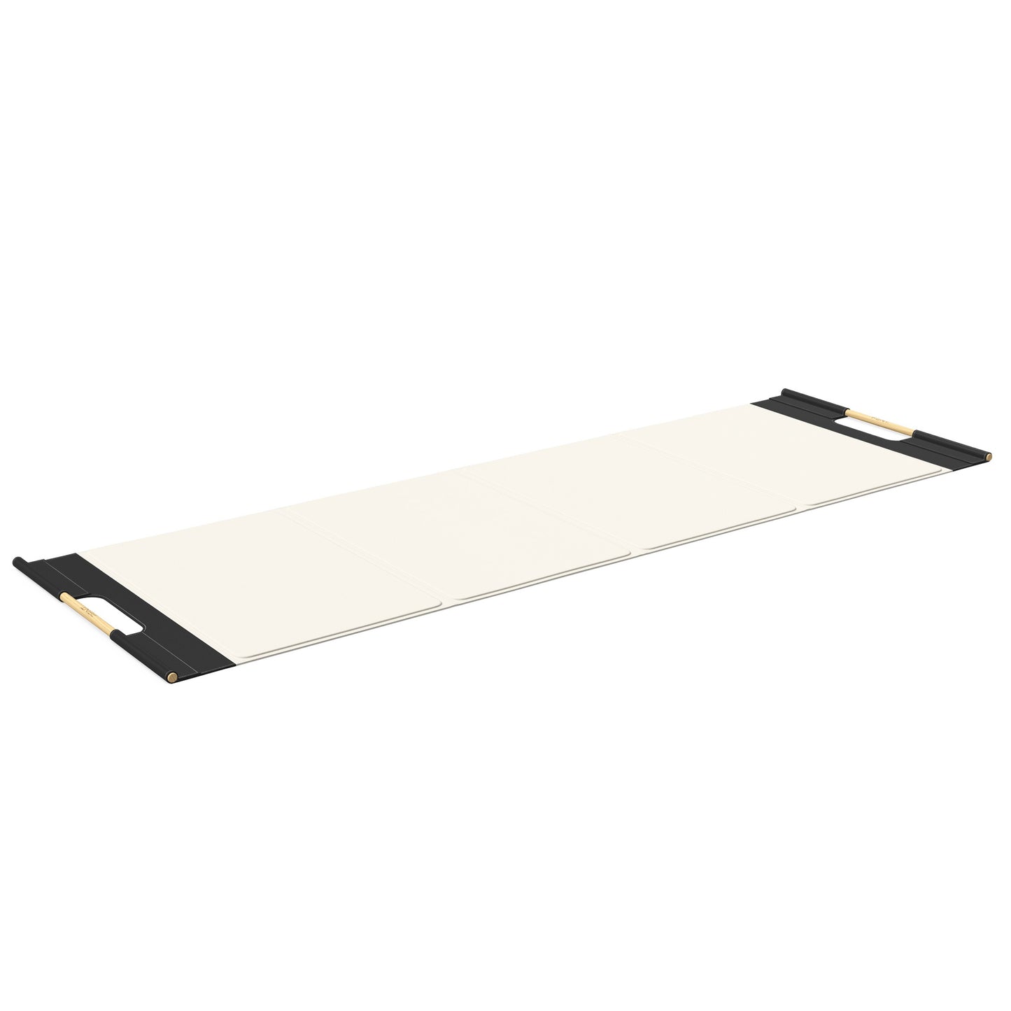 Luxurious fitness equipment, premium exercise mat handcrafted with natural wood and genuine Italian leather, customize in white base leather, black accent leather and natural ash wood. PENT. MATA