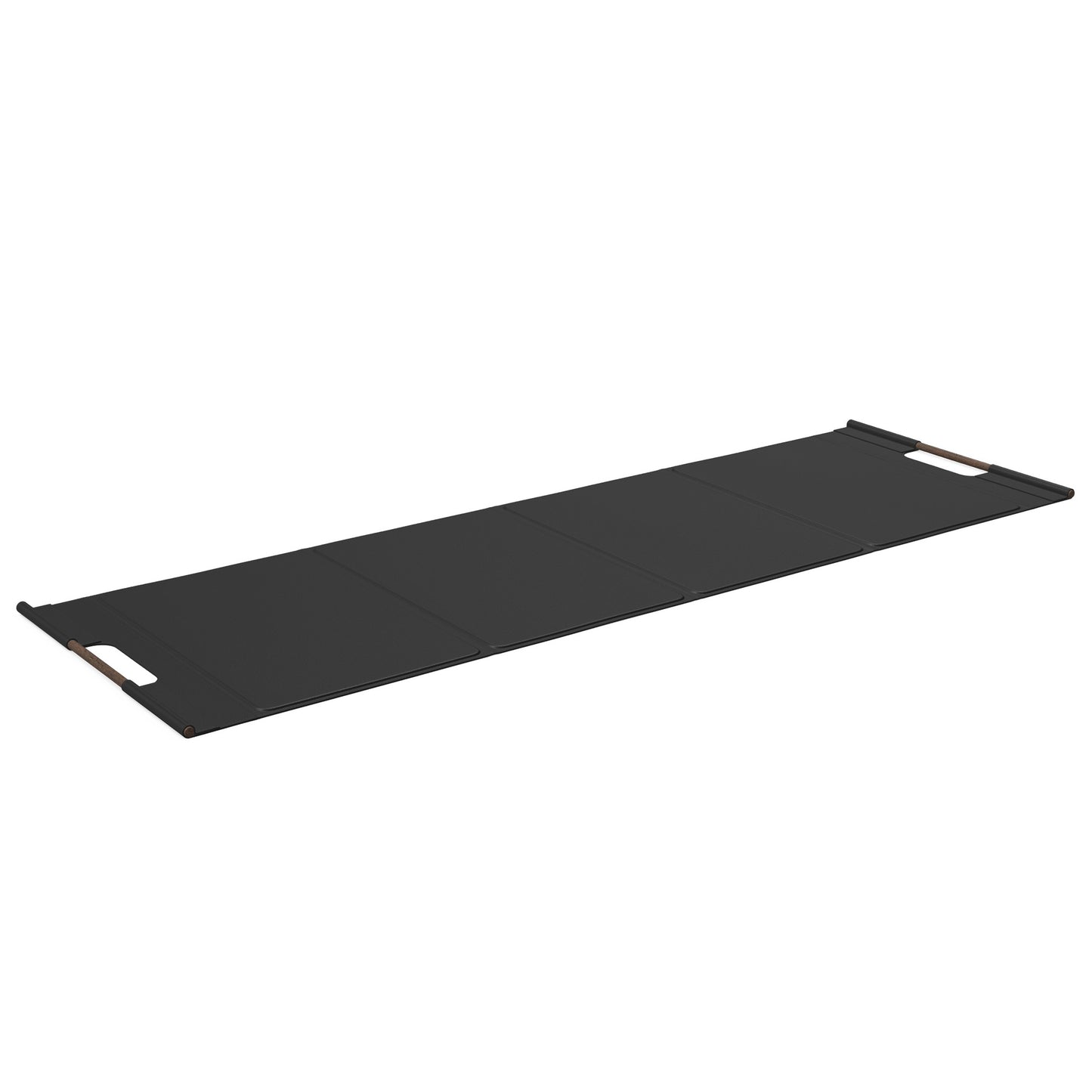 Luxurious fitness equipment, premium exercise mat handcrafted with natural wood and genuine Italian leather, customize in black base leather, black accent leather and dark walnut wood. PENT. MATA
