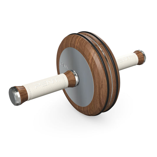 A luxurious home gym equipment, wooden ab roller with natural walnut wood, premium steel and genuine leather in white colour, designed for core workouts. PENT. TWISTA- Luxury Ab Roller
