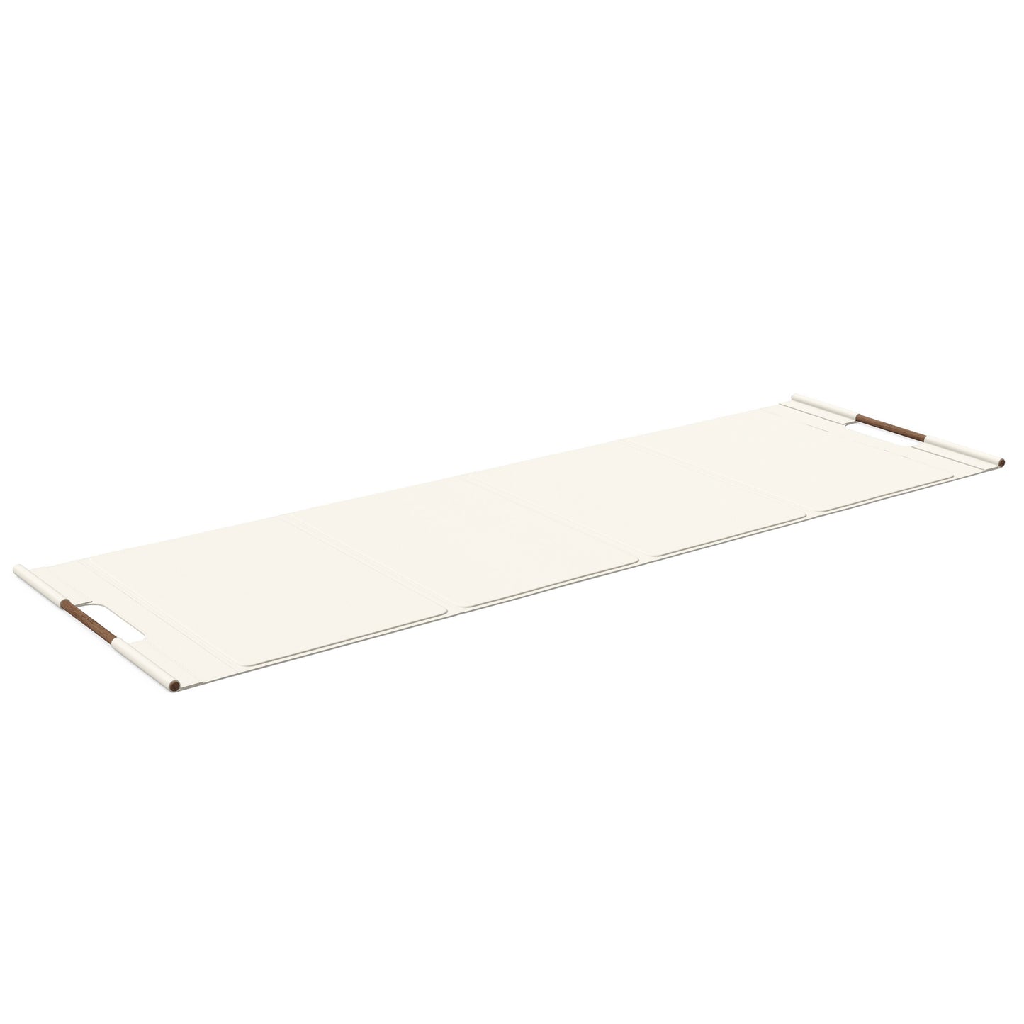 Luxurious fitness equipment, premium exercise mat handcrafted with natural wood and genuine Italian leather, customize in white base leather, white accent leather and natural walnut wood. PENT. MATA