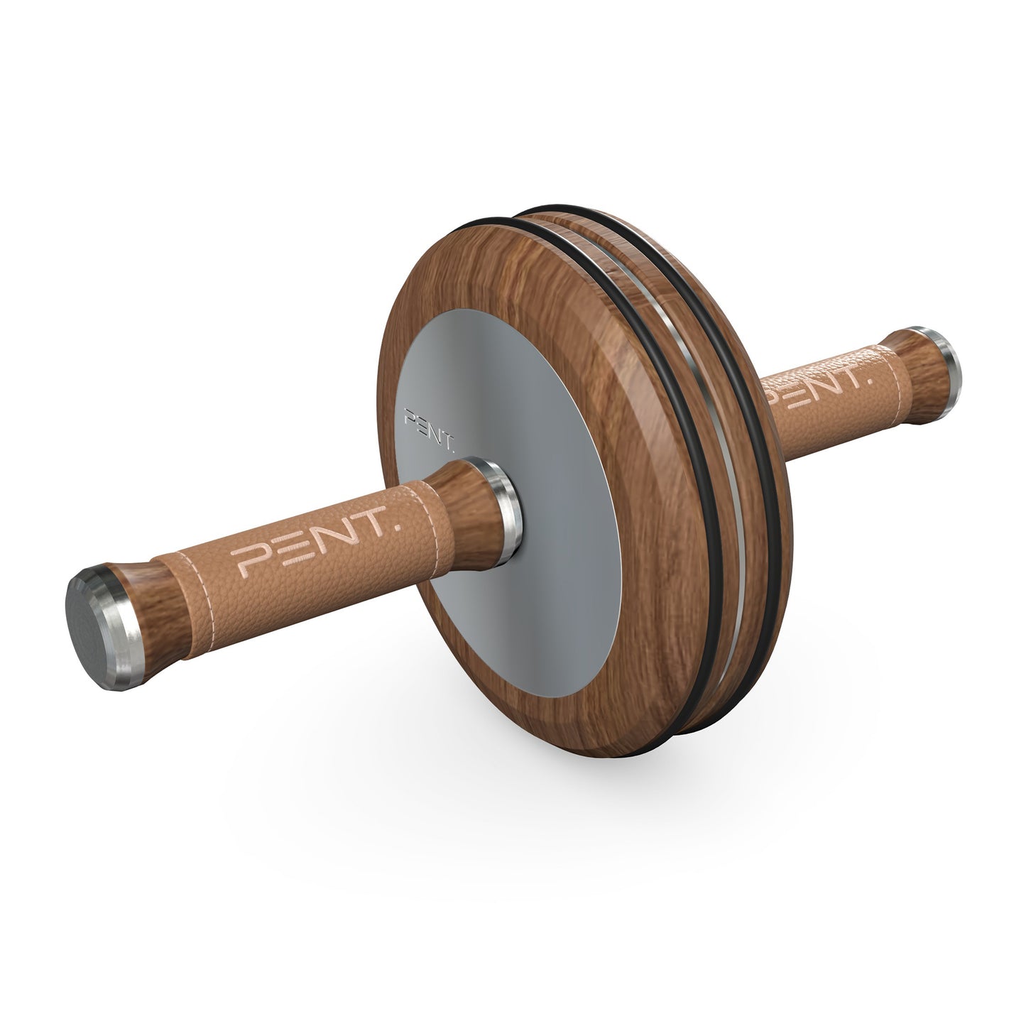 A luxurious home gym equipment, wooden ab roller with natural walnut wood, premium steel and genuine leather in brown colour, designed for core workouts. PENT. TWISTA- Luxury Ab Roller