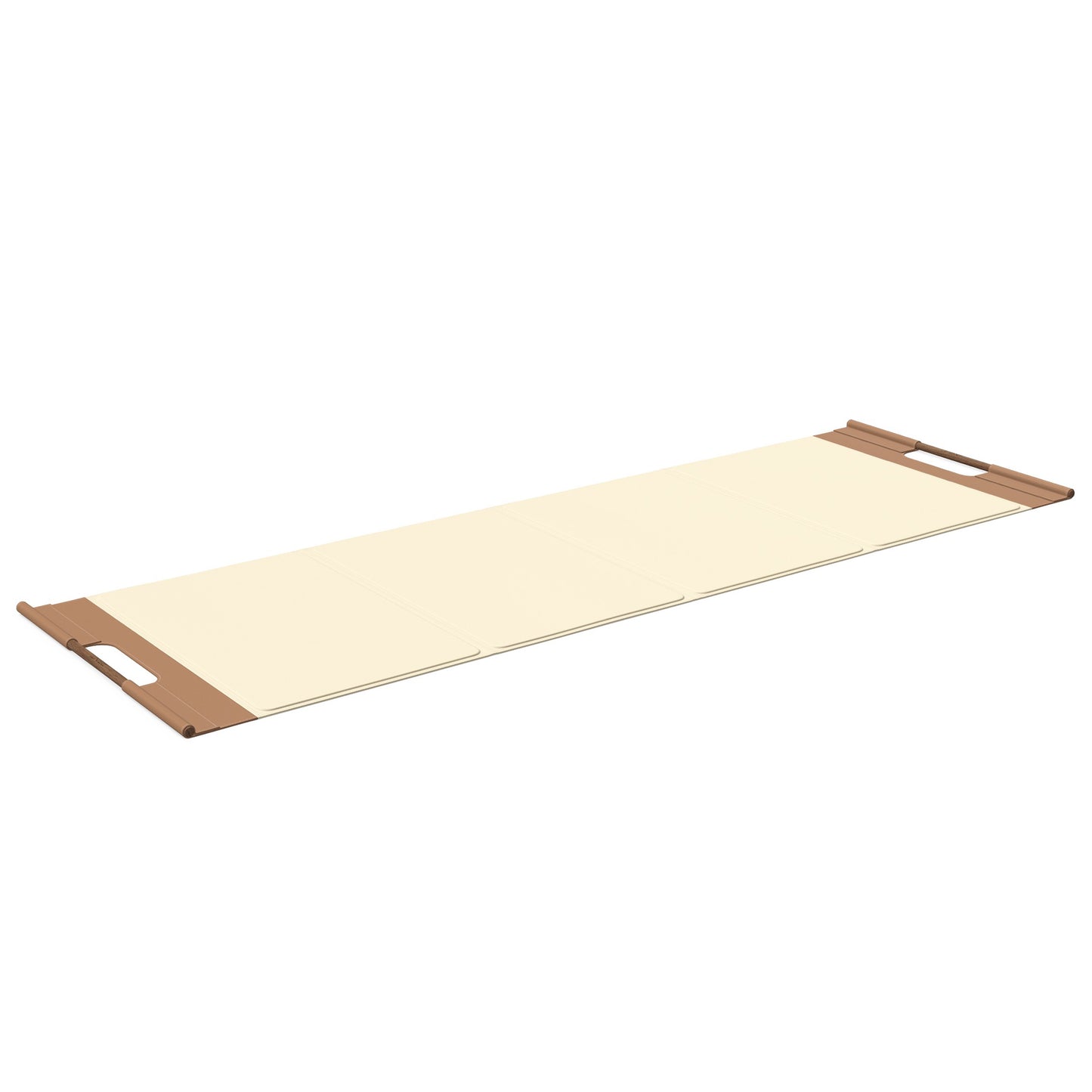 Luxurious fitness equipment, premium exercise mat handcrafted with natural wood and genuine Italian leather, customize in beige base leather, brown accent leather and natural walnut wood. PENT. MATA
