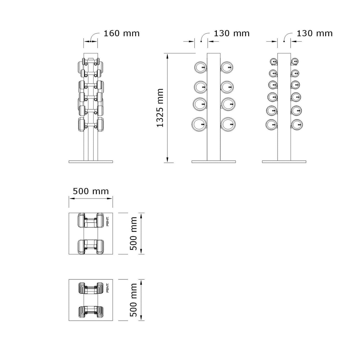 Dimension image of the Luxury gym equipment, 10 pair of dumbbells on 2 vertical wooden stand, made with stainless steel, Italian leather and natural wood.