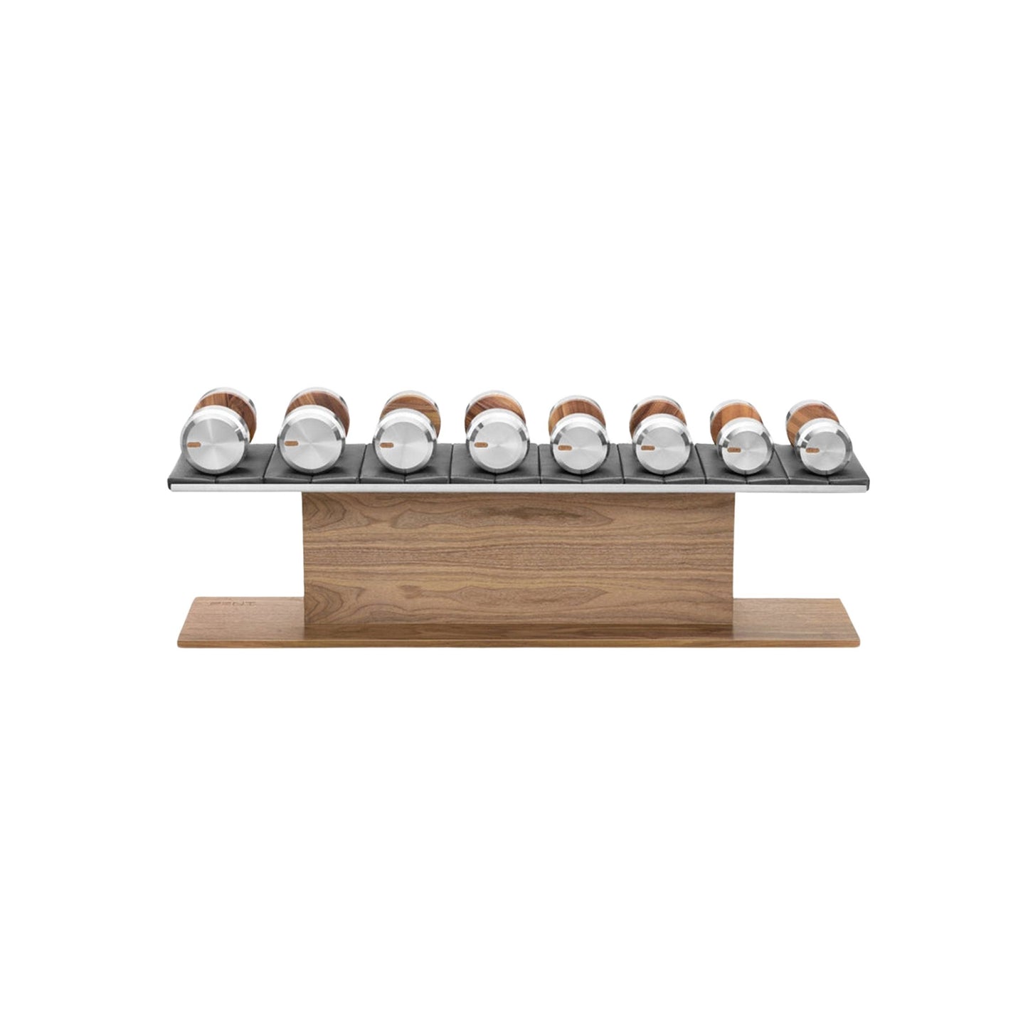 Luxury gym equipment, 4 pair of dumbbells on horizontal wooden stand, made with stainless steel, Italian leather and natural wood.