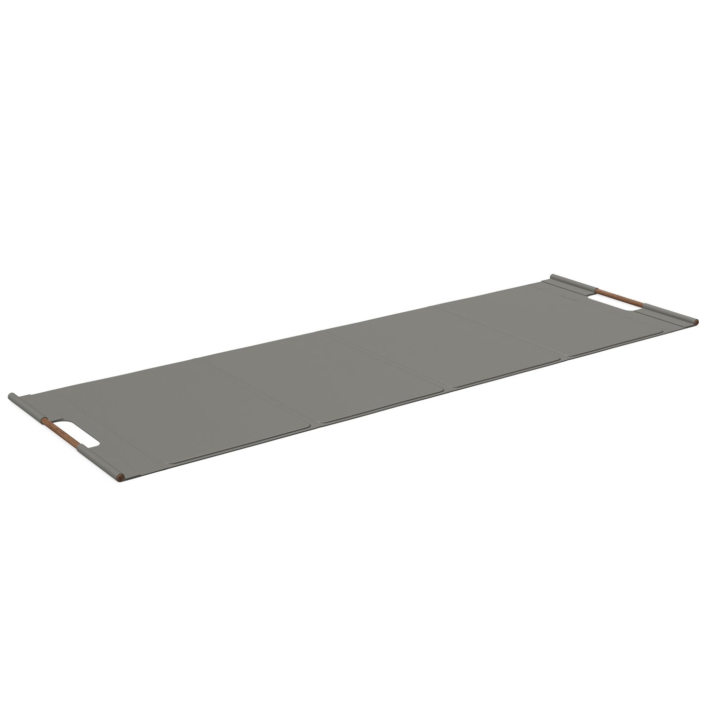 Luxurious fitness equipment, premium exercise mat handcrafted with natural wood and genuine Italian leather, customize in grey base leather, grey accent leather and natural walnut wood. PENT. MATA