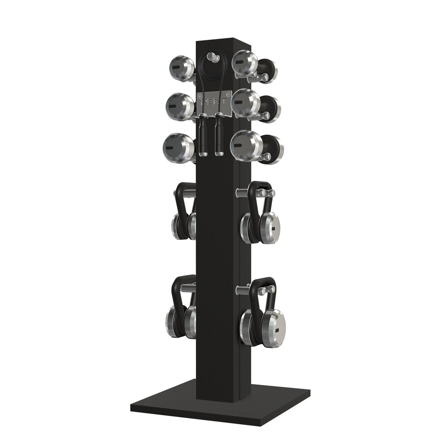 Dumbbells, kettlebells and skipping rope on a vertical black ash wooden stand with black leather, luxury fitness equipment.