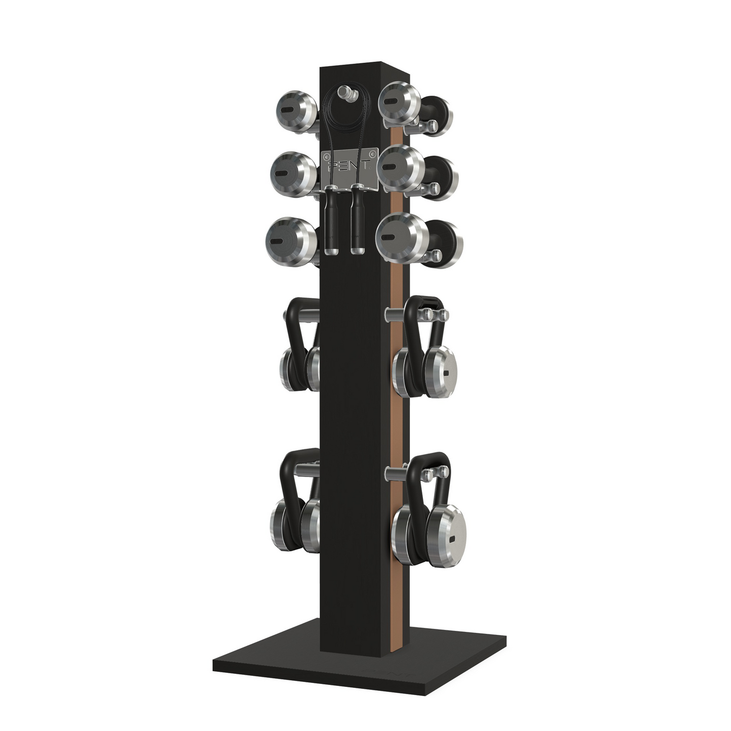 Dumbbells, kettlebells and skipping rope on a vertical black ash wooden stand with brown leather, luxury fitness equipment.