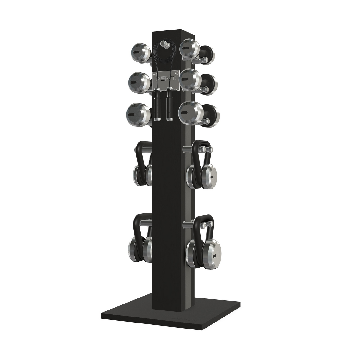 Dumbbells, kettlebells and skipping rope on a vertical black ash wooden stand with grey leather, luxury fitness equipment.