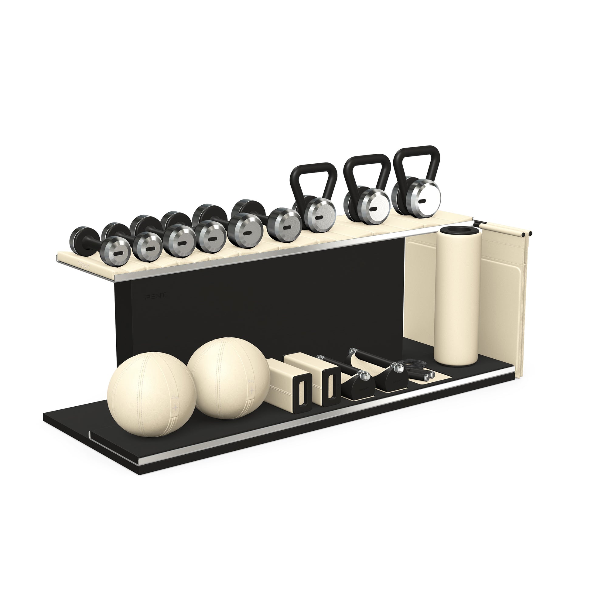 PENT. ANA: Skipping rope, push up bars, fitness mat, dumbbells, kettlebells, stretching roller, yoga blocks and leather medicine balls. Handcrafted with stainless steel, premium Italian beige base leather, beige accent leather and black ash wood.