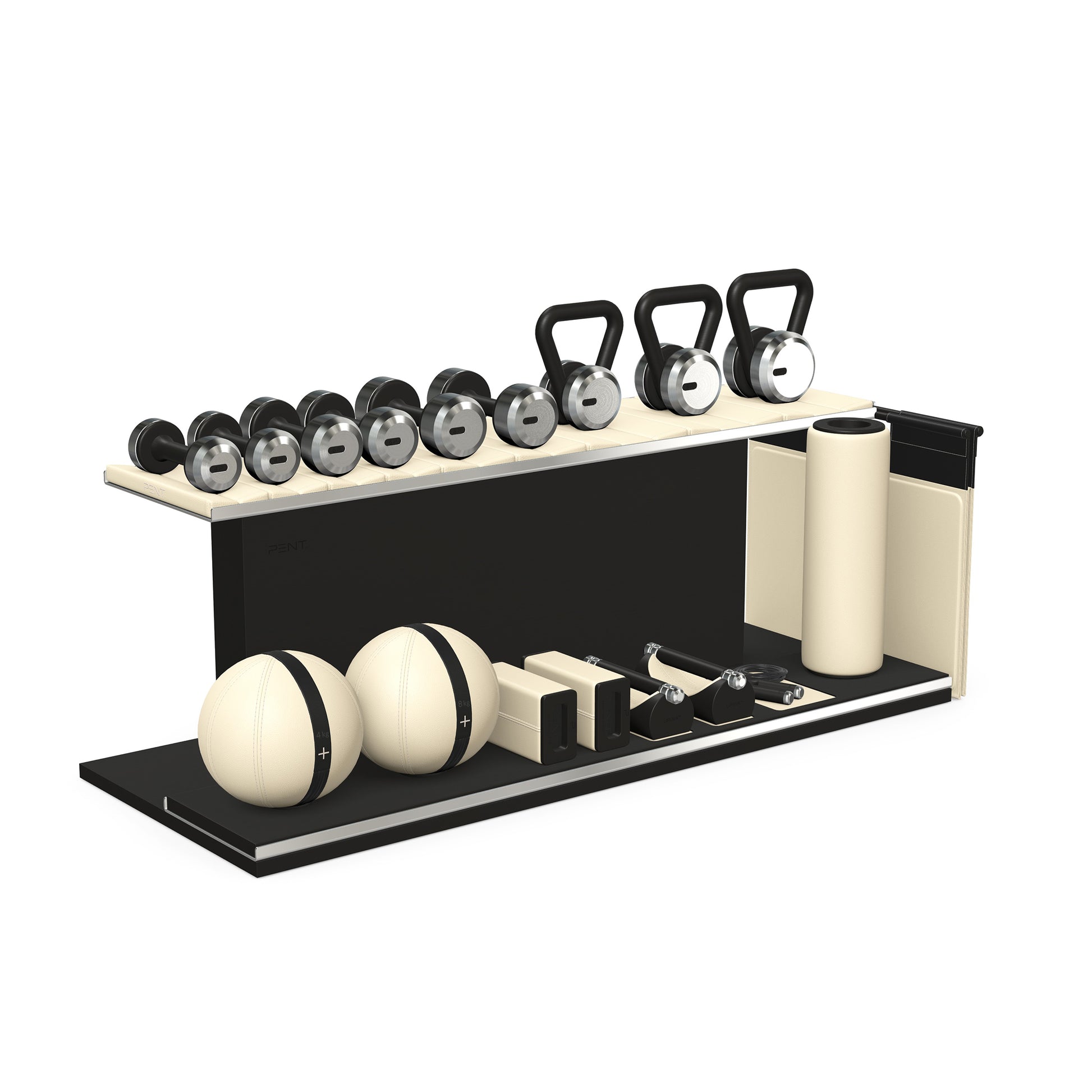 PENT. ANA: Skipping rope, push up bars, fitness mat, dumbbells, kettlebells, stretching roller, yoga blocks and leather medicine balls. Handcrafted with stainless steel, premium Italian beige base leather, black accent leather and black ash wood.