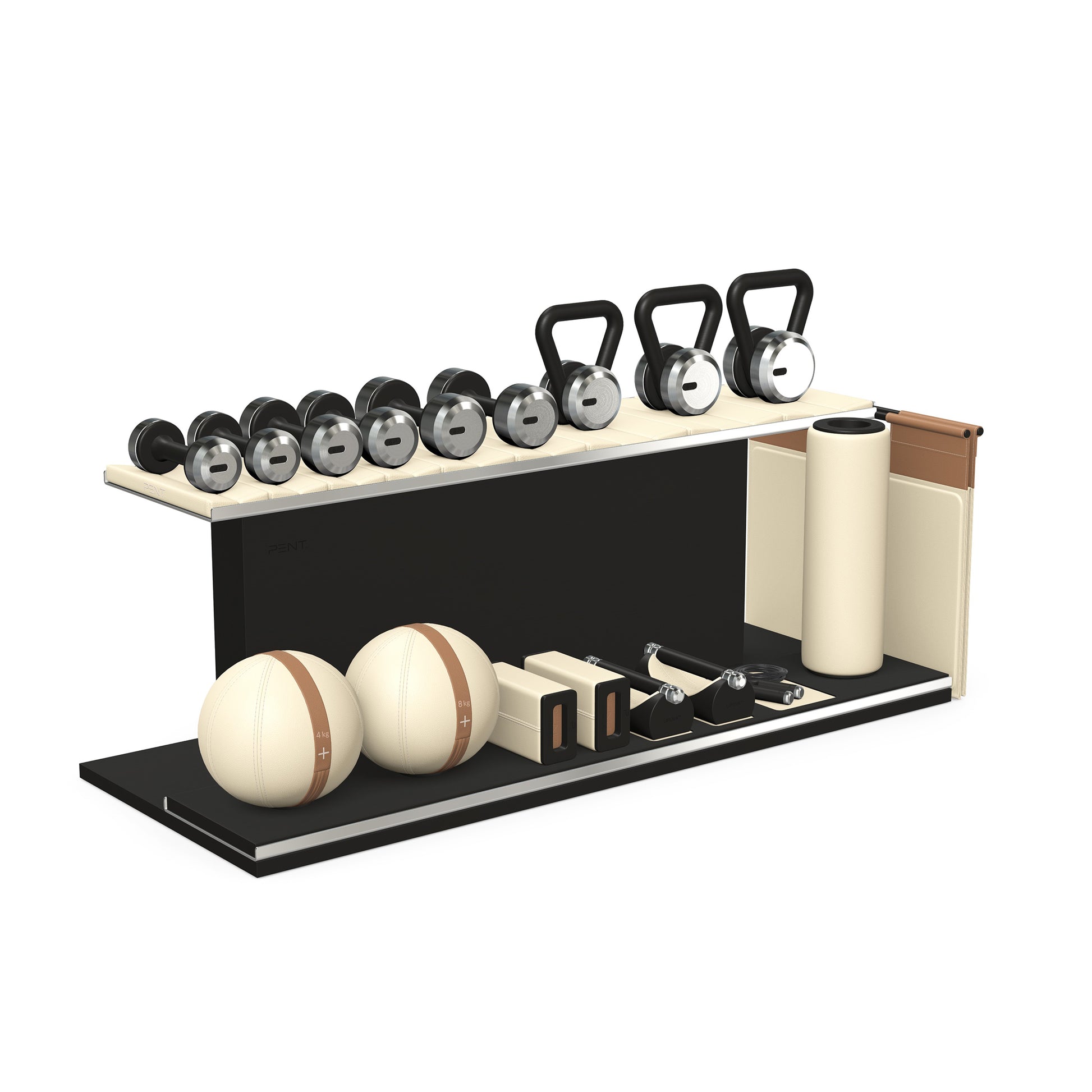PENT. ANA: Skipping rope, push up bars, fitness mat, dumbbells, kettlebells, stretching roller, yoga blocks and leather medicine balls. Handcrafted with stainless steel, premium Italian beige base leather, brown accent leather and black ash wood.