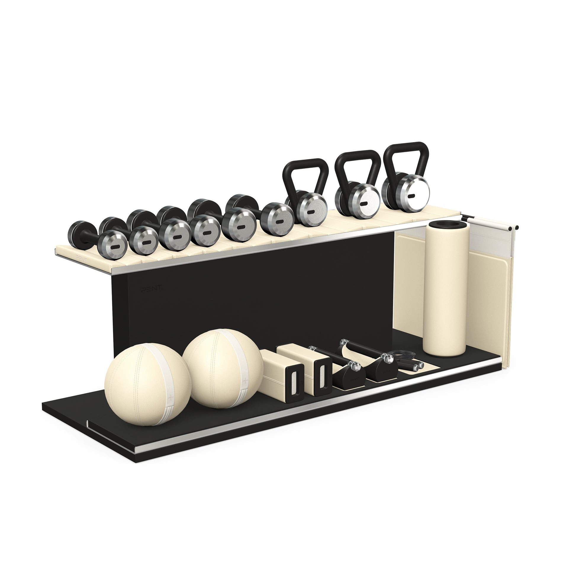 PENT. ANA: Skipping rope, push up bars, fitness mat, dumbbells, kettlebells, stretching roller, yoga blocks and leather medicine balls. Handcrafted with stainless steel, premium Italian beige base leather, white accent leather and black ash wood.