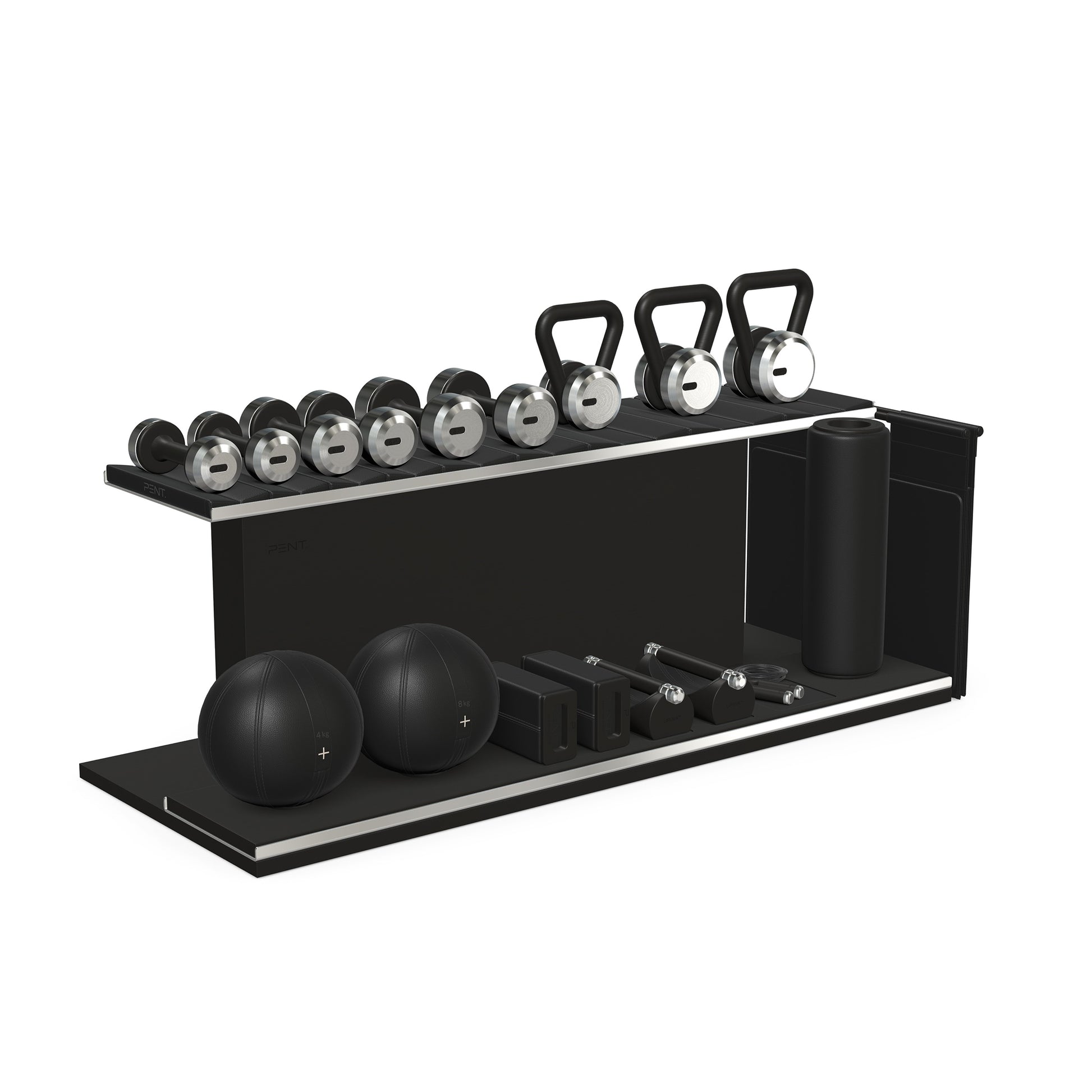 PENT. ANA: Skipping rope, push up bars, fitness mat, dumbbells, kettlebells, stretching roller, yoga blocks and leather medicine balls. Handcrafted with stainless steel, premium Italian black base leather, black accent leather and black ash wood.