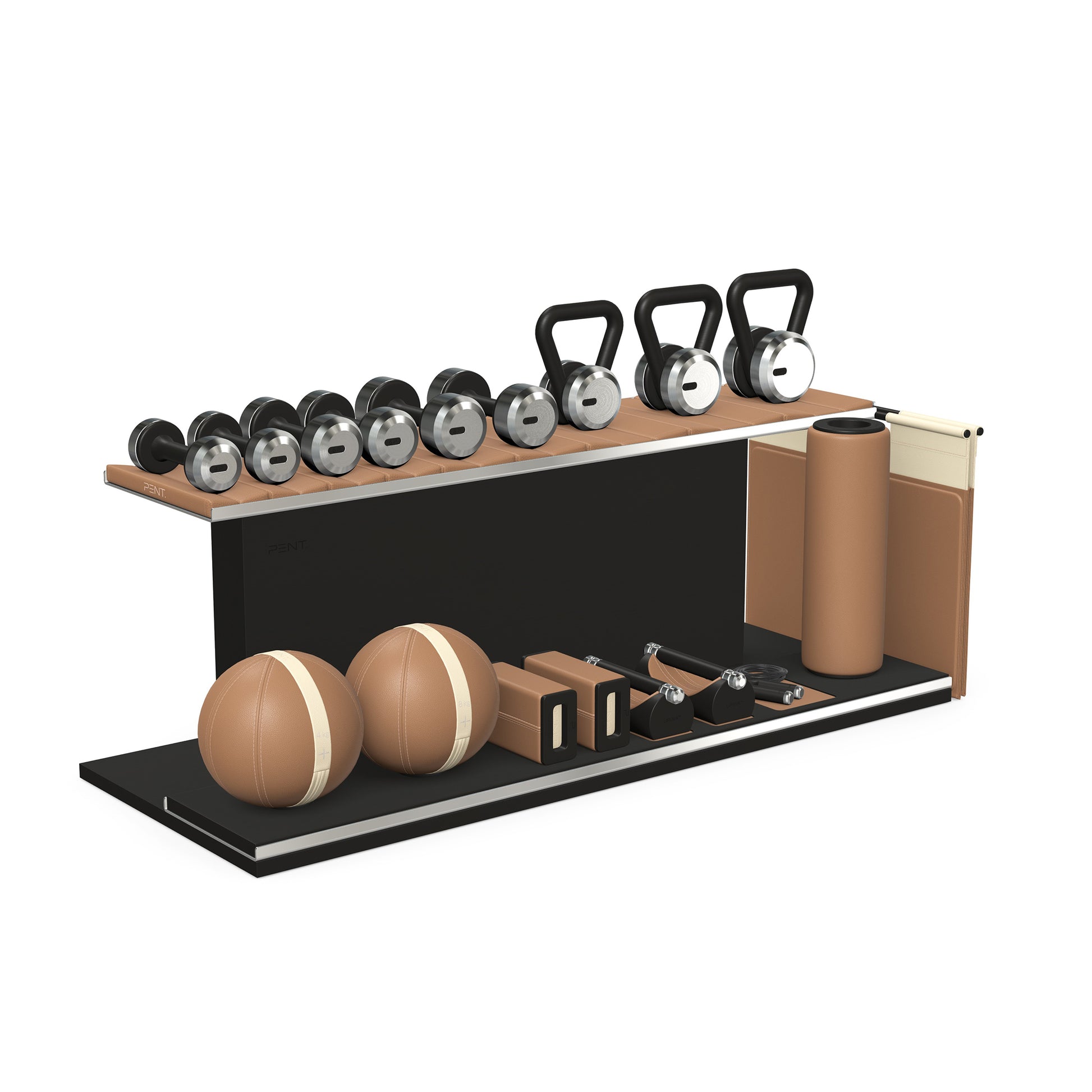 PENT. ANA: Skipping rope, push up bars, fitness mat, dumbbells, kettlebells, stretching roller, yoga blocks and leather medicine balls. Handcrafted with stainless steel, premium Italian brown base leather, beige accent leather and black ash wood.