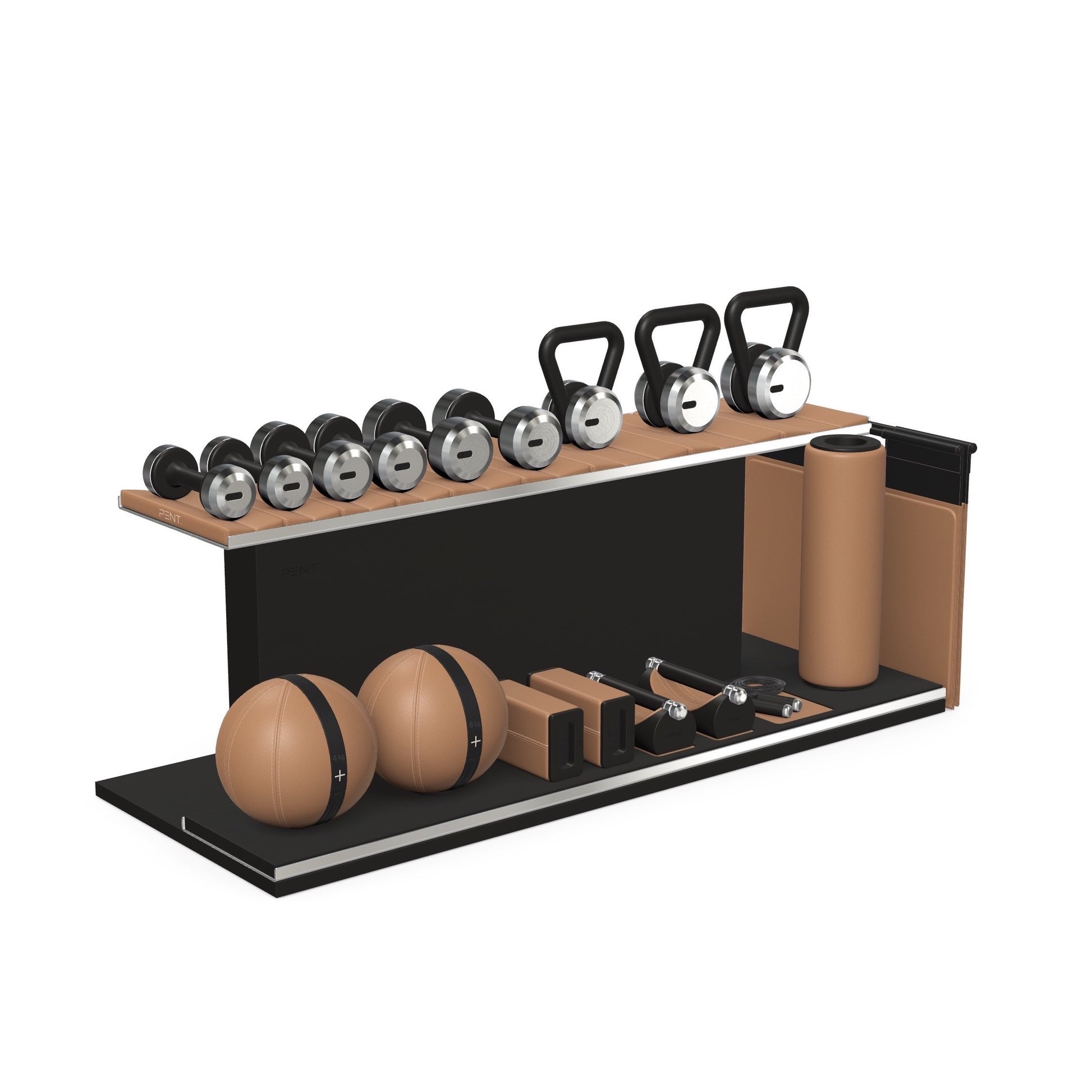 PENT. ANA: Skipping rope, push up bars, fitness mat, dumbbells, kettlebells, stretching roller, yoga blocks and leather medicine balls. Handcrafted with stainless steel, premium Italian brown base leather, black accent leather and black ash wood.