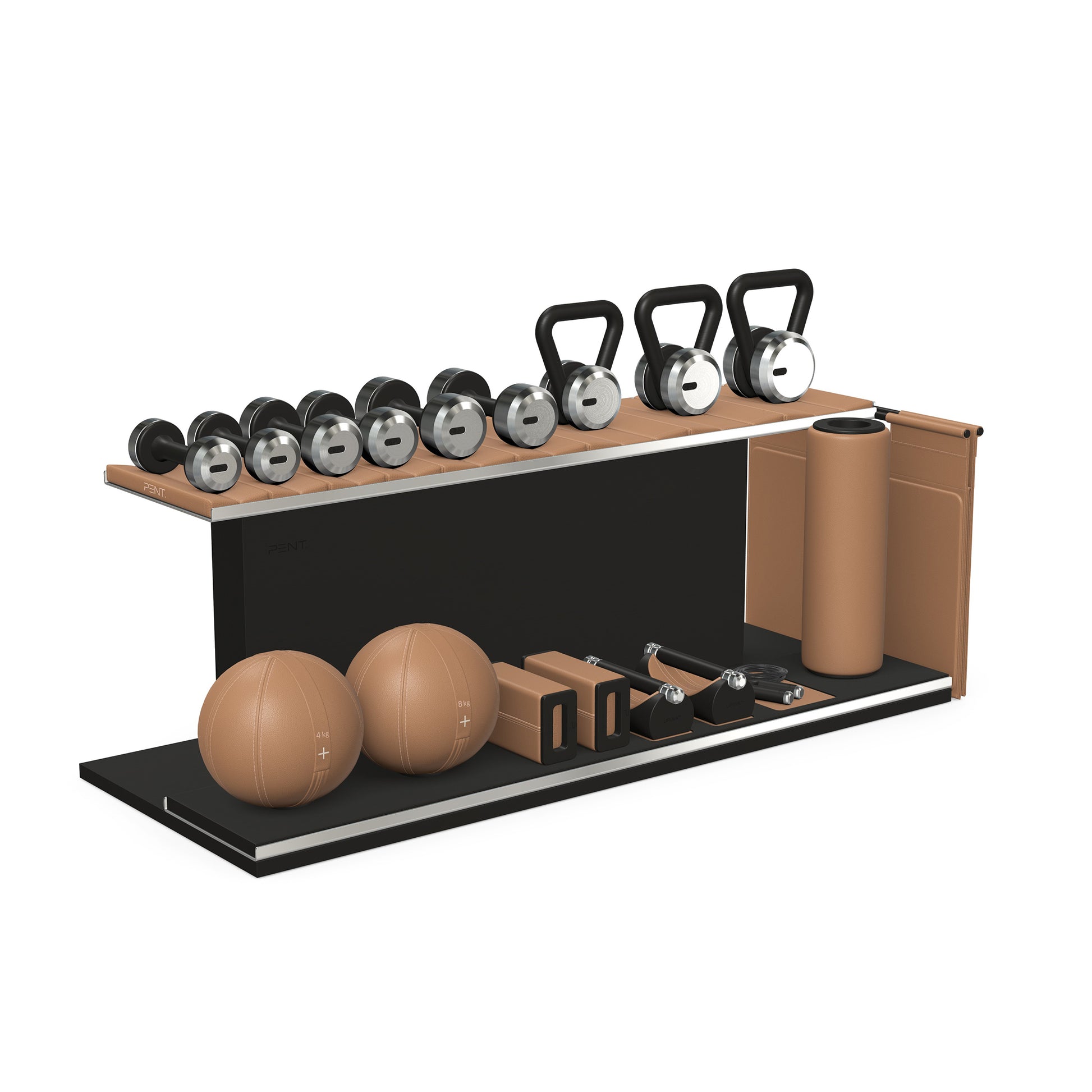 PENT. ANA: Skipping rope, push up bars, fitness mat, dumbbells, kettlebells, stretching roller, yoga blocks and leather medicine balls. Handcrafted with stainless steel, premium Italian brown base leather, brown accent leather and black ash wood.