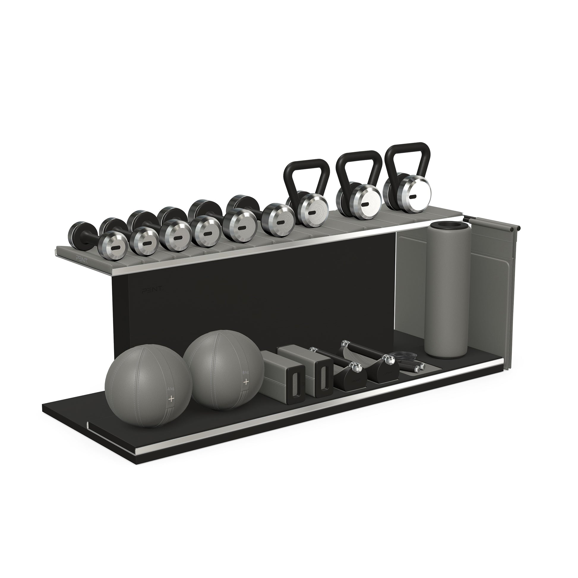 PENT. ANA: Skipping rope, push up bars, fitness mat, dumbbells, kettlebells, stretching roller, yoga blocks and leather medicine balls. Handcrafted with stainless steel, premium Italian grey base leather, grey accent leather and black ash wood.