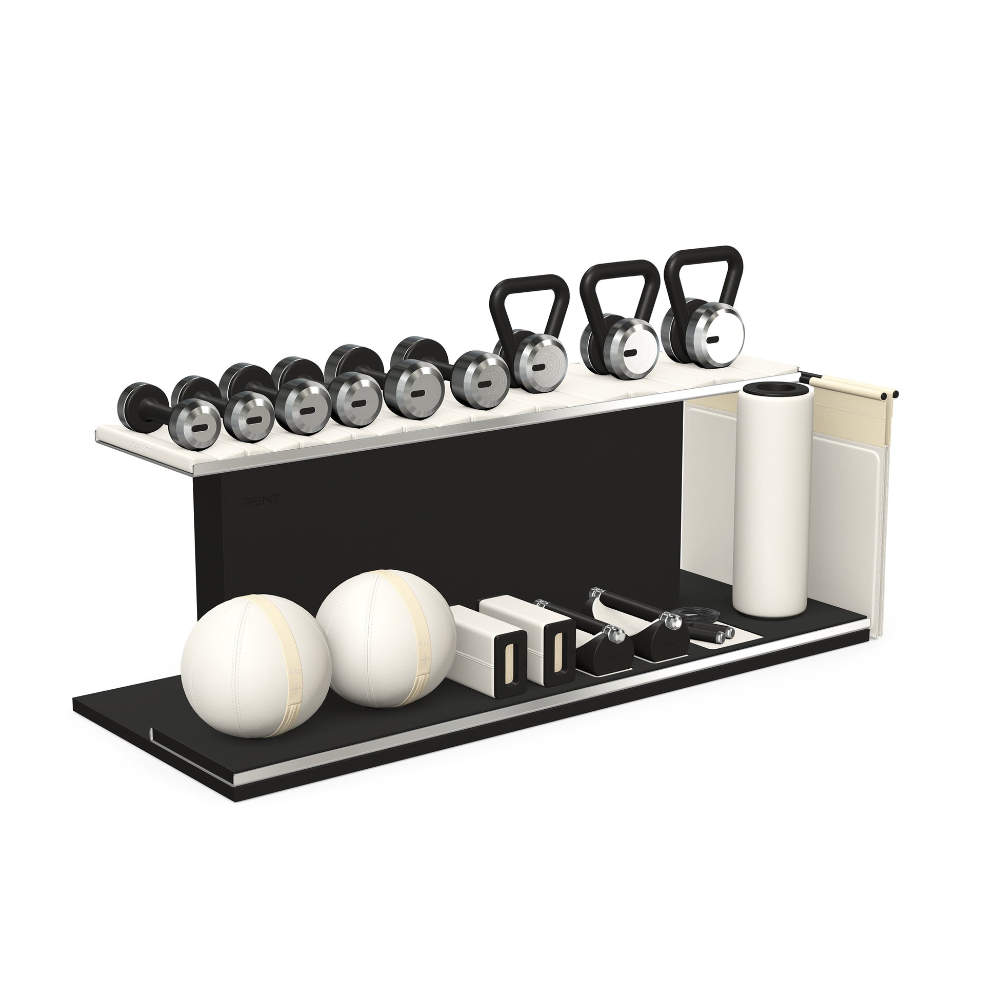 PENT. ANA: Skipping rope, push up bars, fitness mat, dumbbells, kettlebells, stretching roller, yoga blocks and leather medicine balls. Handcrafted with stainless steel, premium Italian white base leather, beige accent leather and black ash wood.