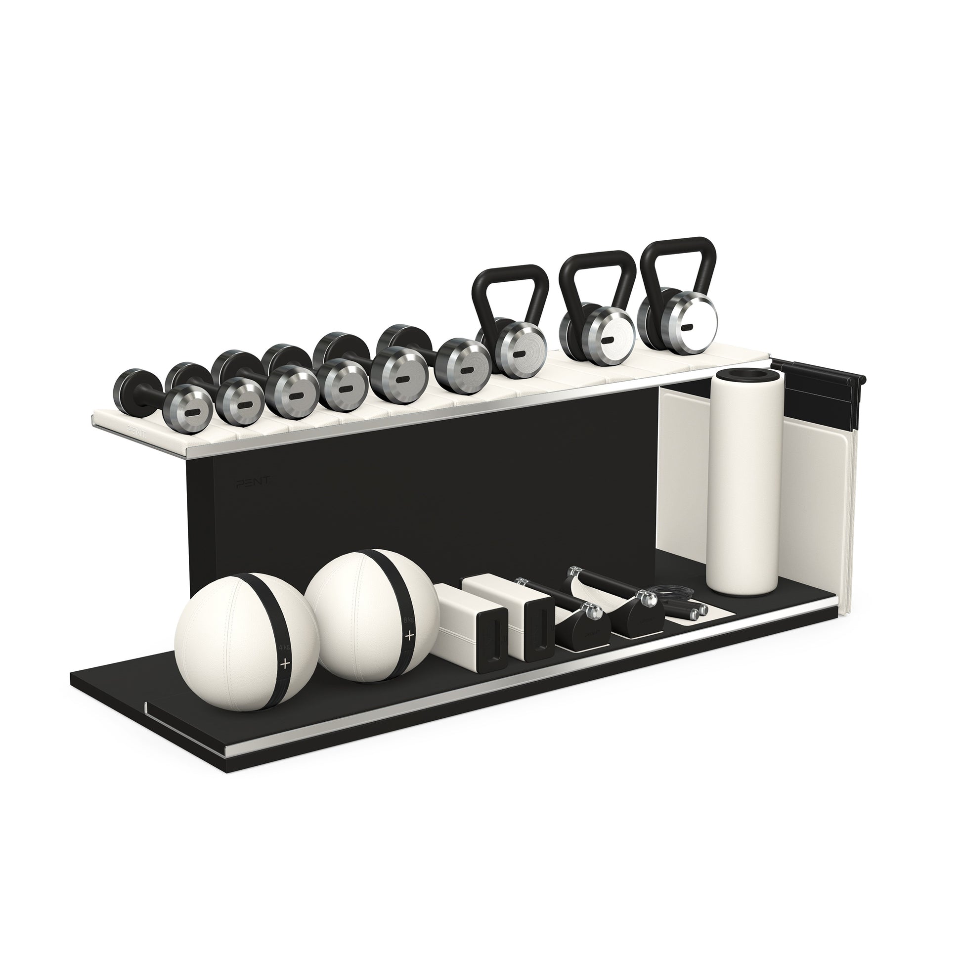 PENT. ANA: Skipping rope, push up bars, fitness mat, dumbbells, kettlebells, stretching roller, yoga blocks and leather medicine balls. Handcrafted with stainless steel, premium Italian white base leather, black accent leather and black ash wood.