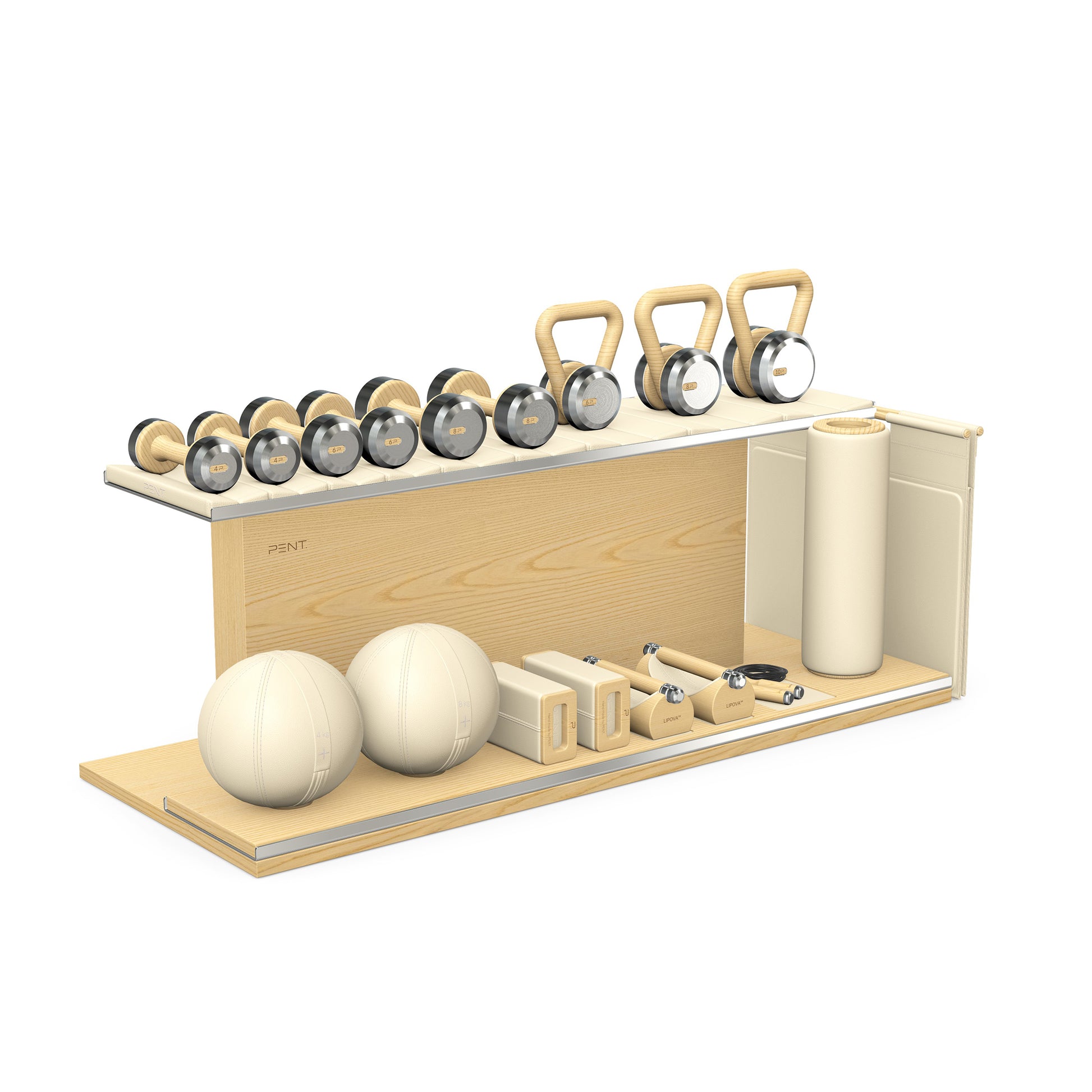 PENT. ANA: Skipping rope, push up bars, fitness mat, dumbbells, kettlebells, stretching roller, yoga blocks and leather medicine balls. Handcrafted with stainless steel, premium Italian beige base leather, beige accent leather and natural ash wood.