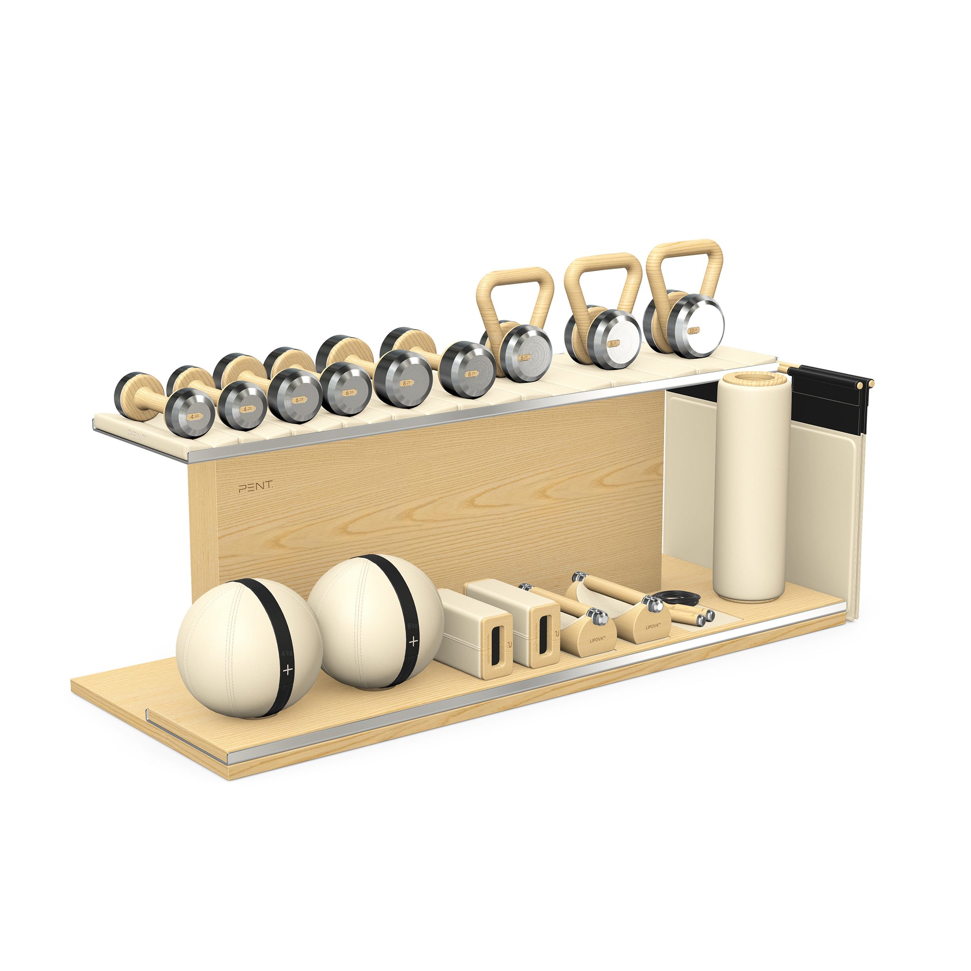 PENT. ANA: Skipping rope, push up bars, fitness mat, dumbbells, kettlebells, stretching roller, yoga blocks and leather medicine balls. Handcrafted with stainless steel, premium Italian beige base leather, black accent leather and natural ash wood.