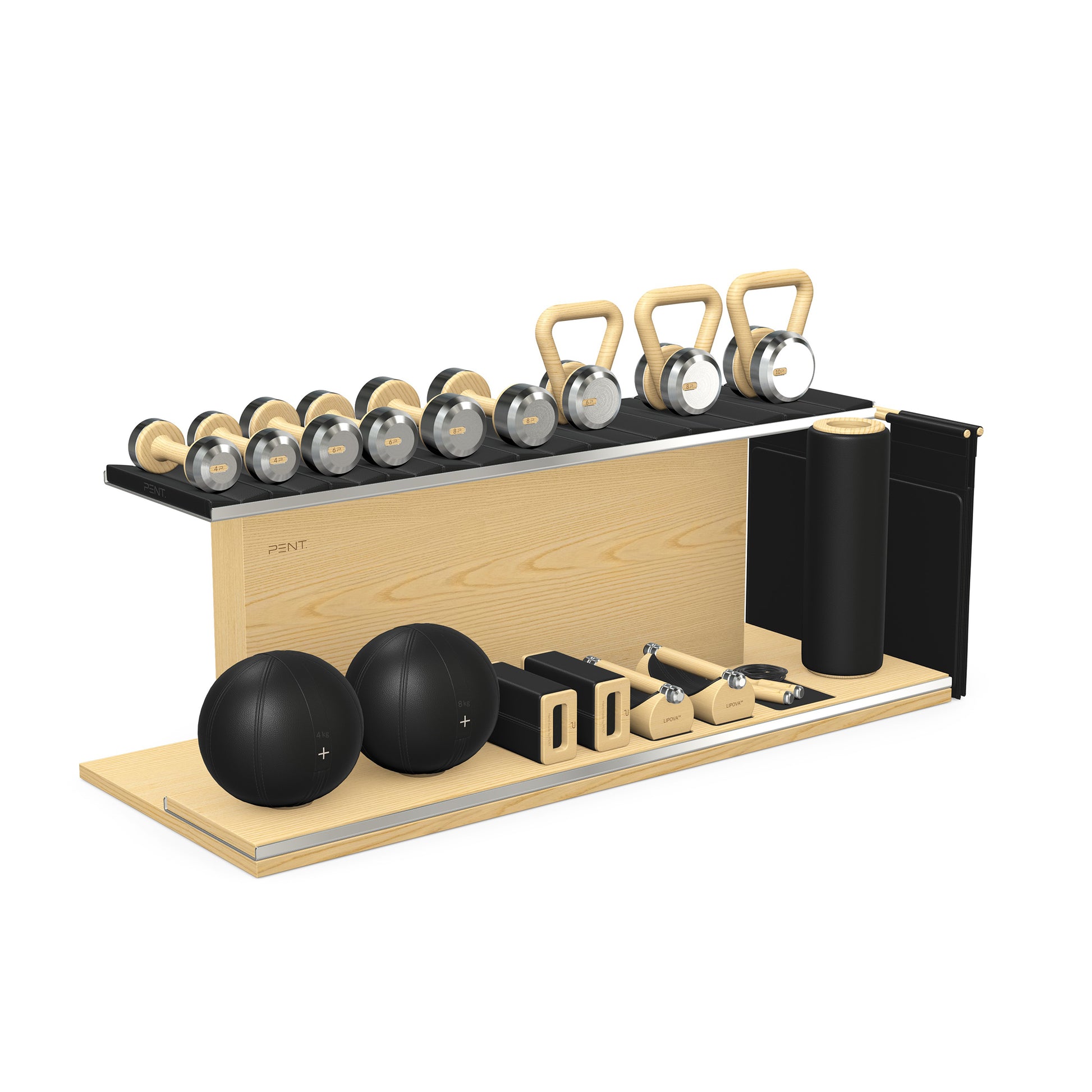 PENT. ANA: Skipping rope, push up bars, fitness mat, dumbbells, kettlebells, stretching roller, yoga blocks and leather medicine balls. Handcrafted with stainless steel, premium Italian black base leather, black accent leather and natural ash wood.