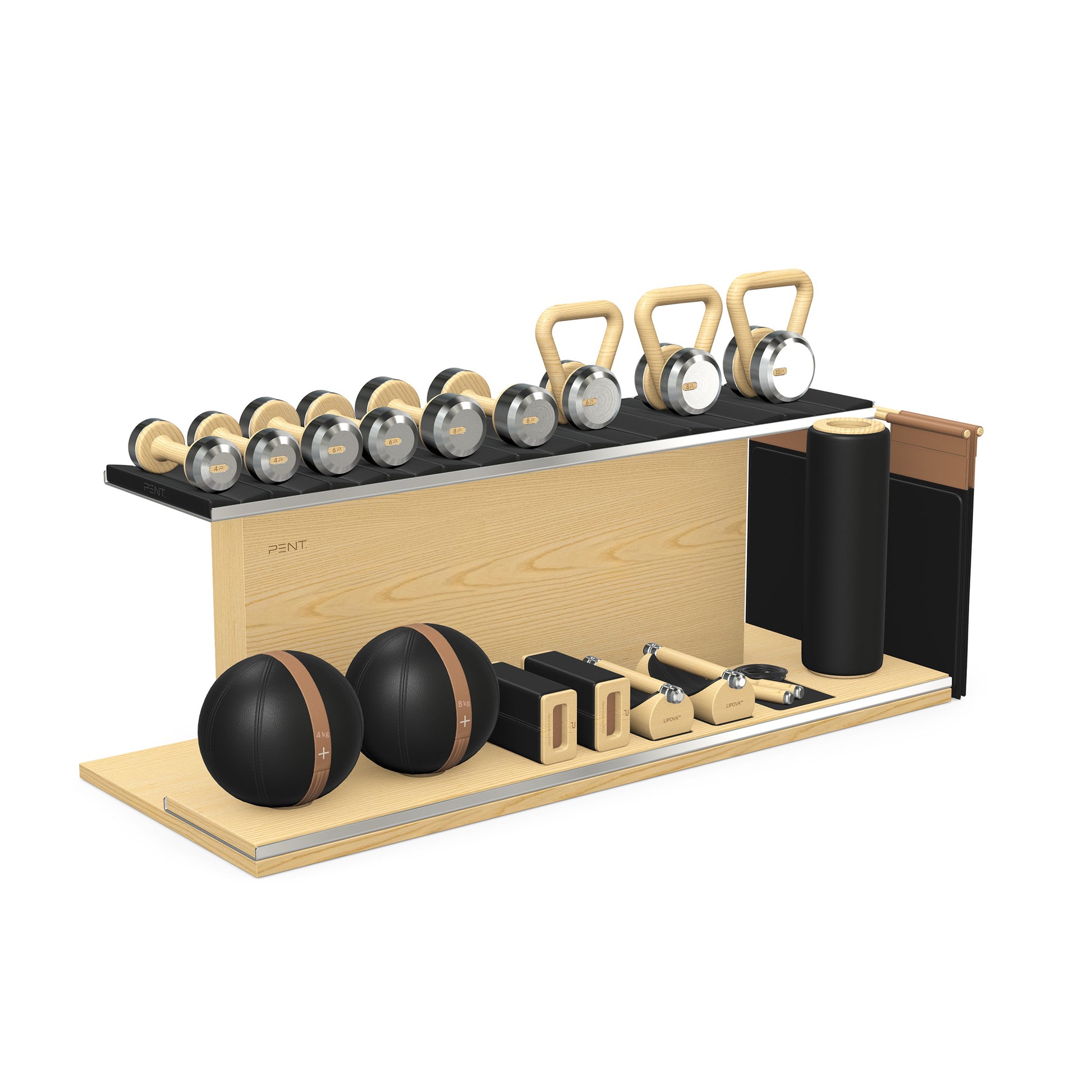 PENT. ANA: Skipping rope, push up bars, fitness mat, dumbbells, kettlebells, stretching roller, yoga blocks and leather medicine balls. Handcrafted with stainless steel, premium Italian black base leather, brown accent leather and natural ash wood.