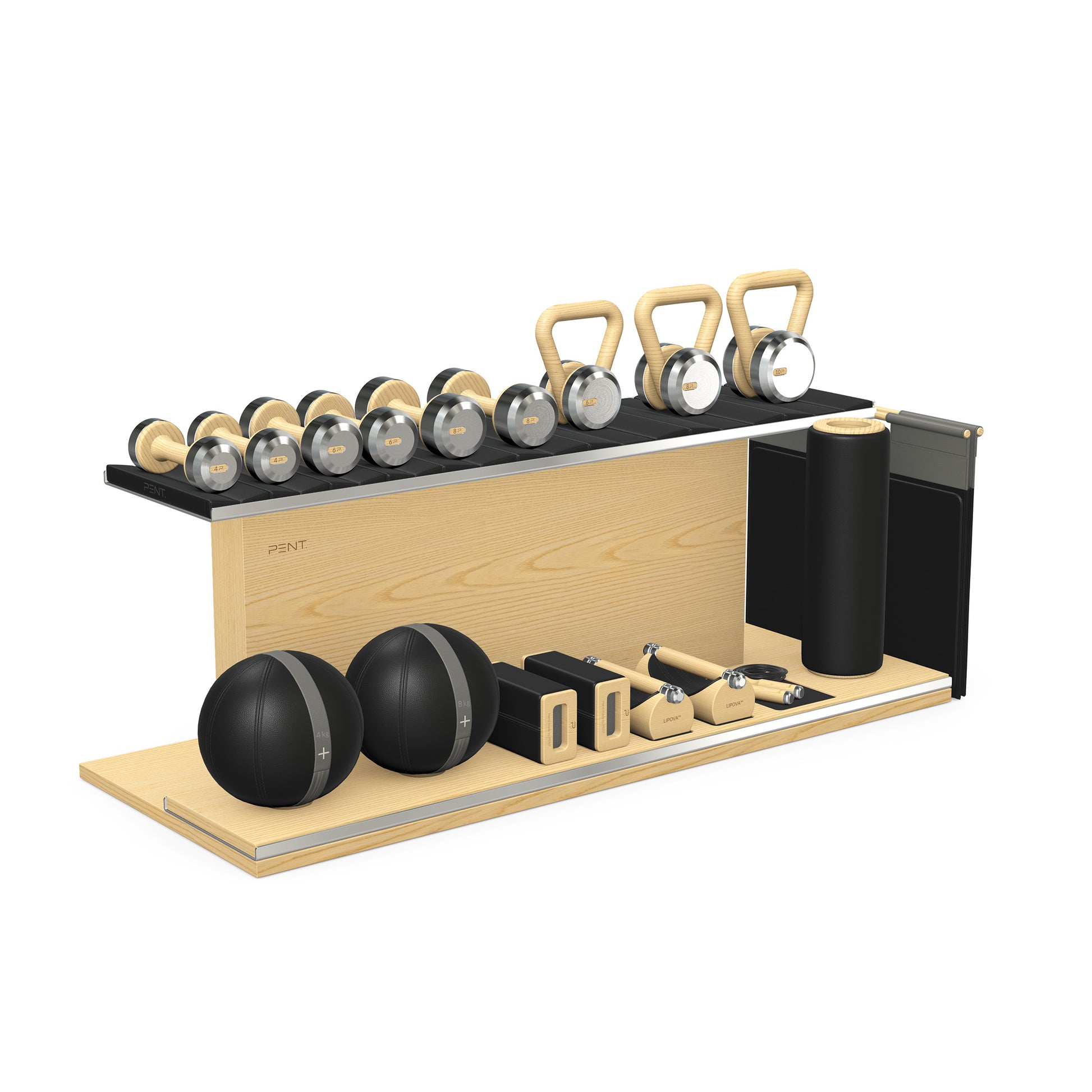 PENT. ANA: Skipping rope, push up bars, fitness mat, dumbbells, kettlebells, stretching roller, yoga blocks and leather medicine balls. Handcrafted with stainless steel, premium Italian black base leather, grey accent leather and natural ash wood.