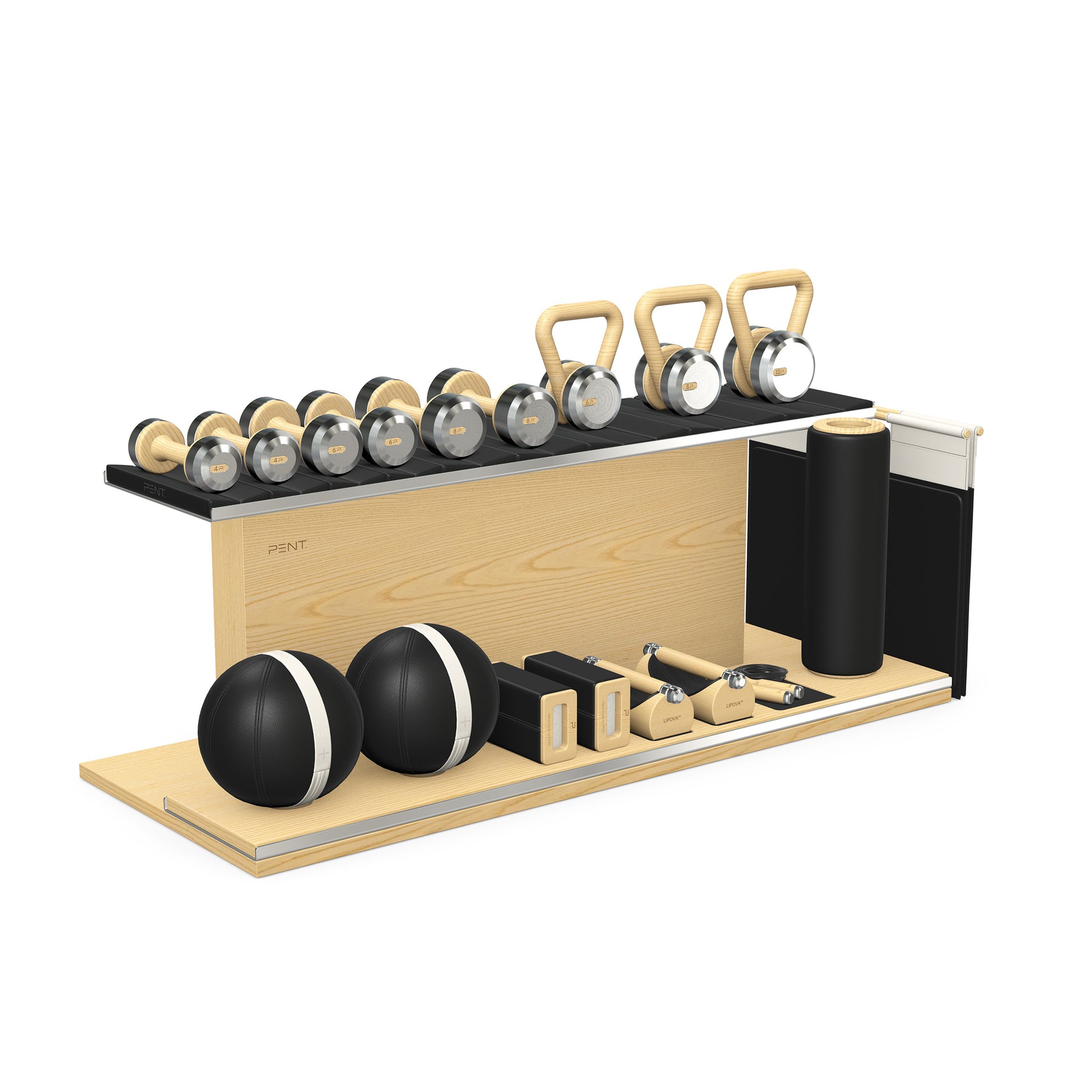 PENT. ANA: Skipping rope, push up bars, fitness mat, dumbbells, kettlebells, stretching roller, yoga blocks and leather medicine balls. Handcrafted with stainless steel, premium Italian black base leather, white accent leather and natural ash wood.