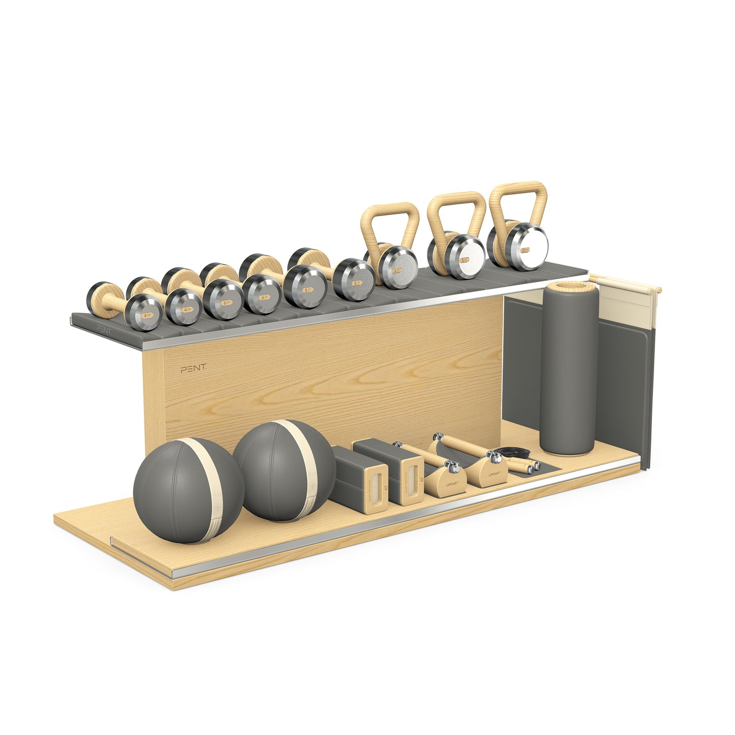 PENT. ANA: Skipping rope, push up bars, fitness mat, dumbbells, kettlebells, stretching roller, yoga blocks and leather medicine balls. Handcrafted with stainless steel, premium Italian grey base leather, beige accent leather and natural ash wood.