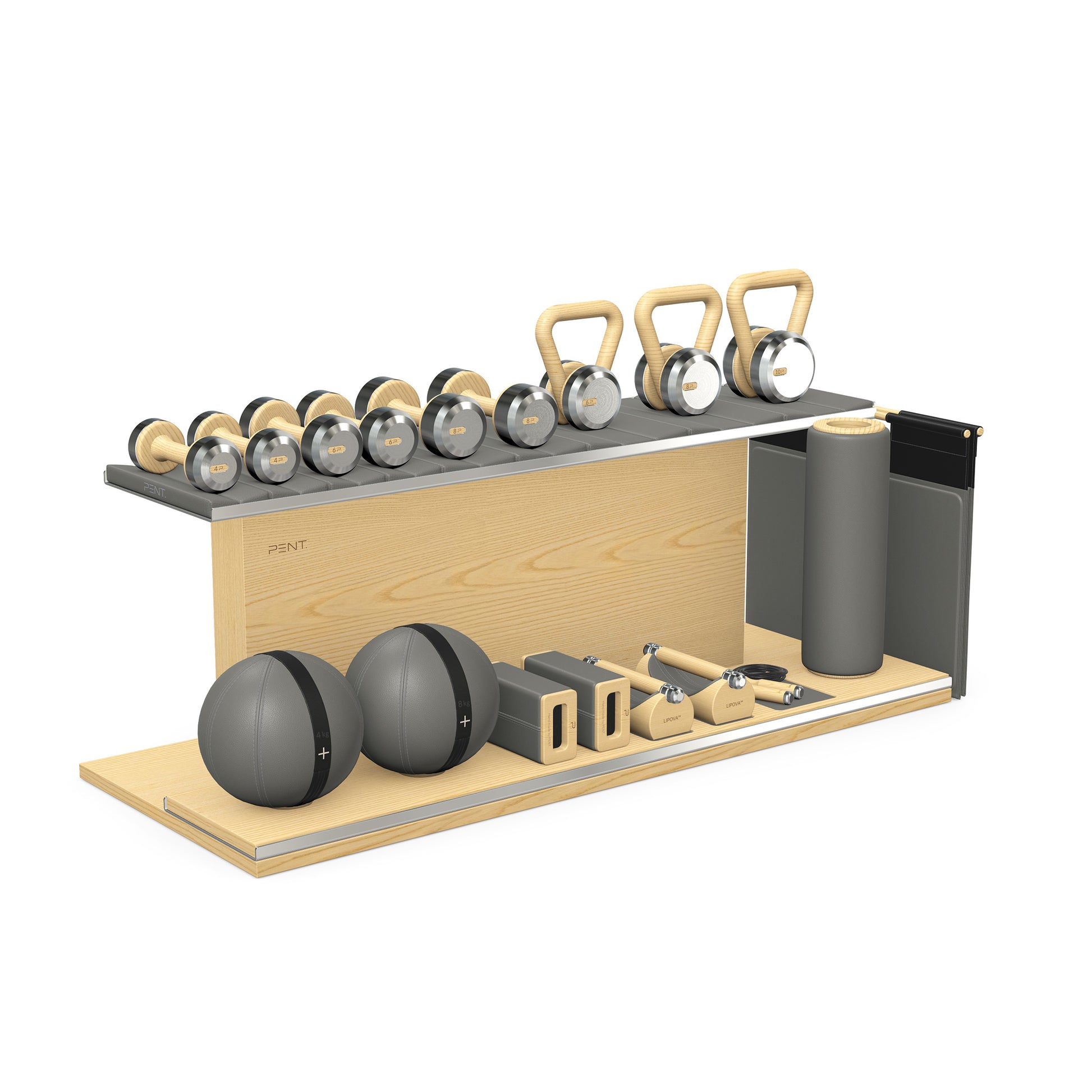 PENT. ANA: Skipping rope, push up bars, fitness mat, dumbbells, kettlebells, stretching roller, yoga blocks and leather medicine balls. Handcrafted with stainless steel, premium Italian grey base leather, black accent leather and natural ash wood.