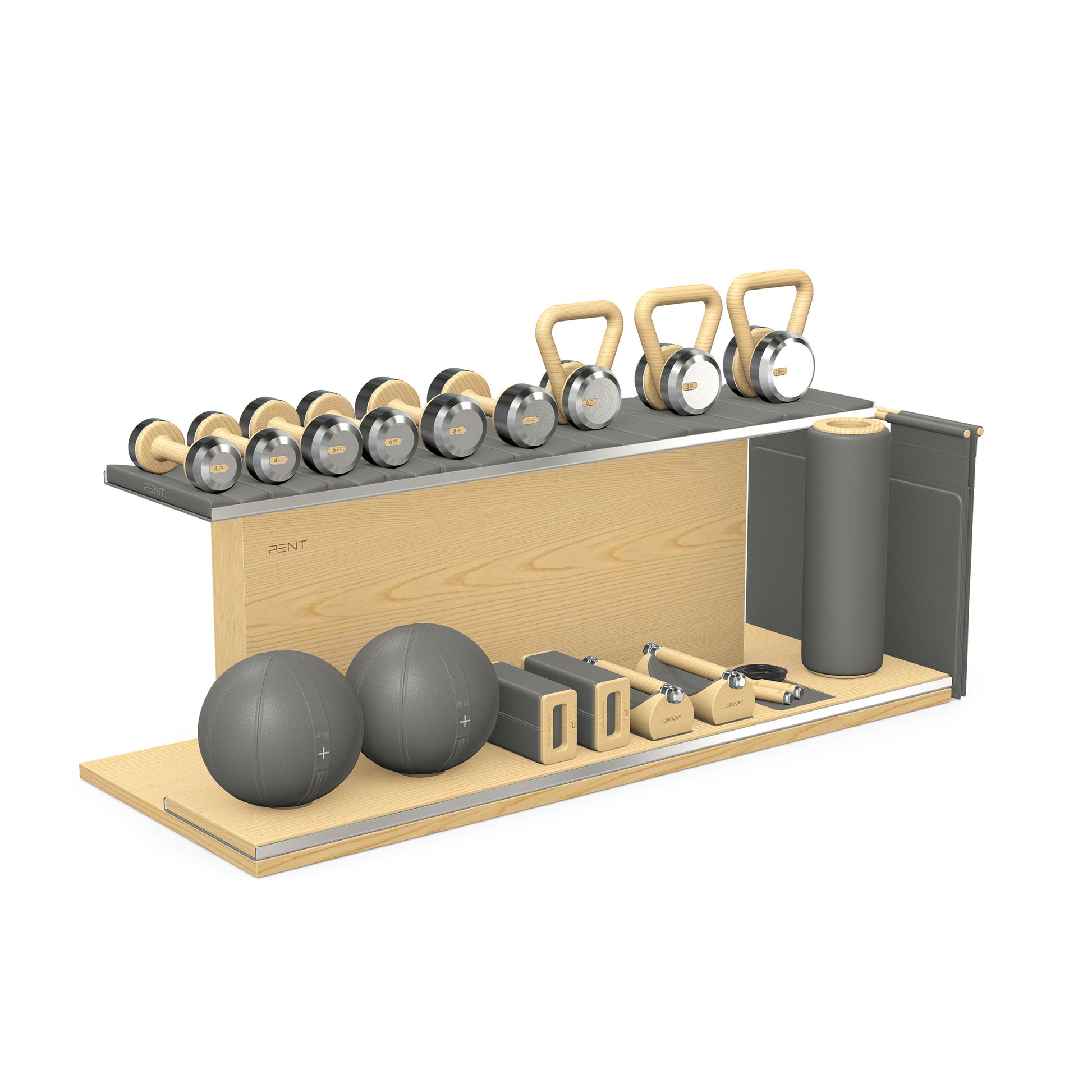 PENT. ANA: Skipping rope, push up bars, fitness mat, dumbbells, kettlebells, stretching roller, yoga blocks and leather medicine balls. Handcrafted with stainless steel, premium Italian grey base leather, grey accent leather and natural ash wood.