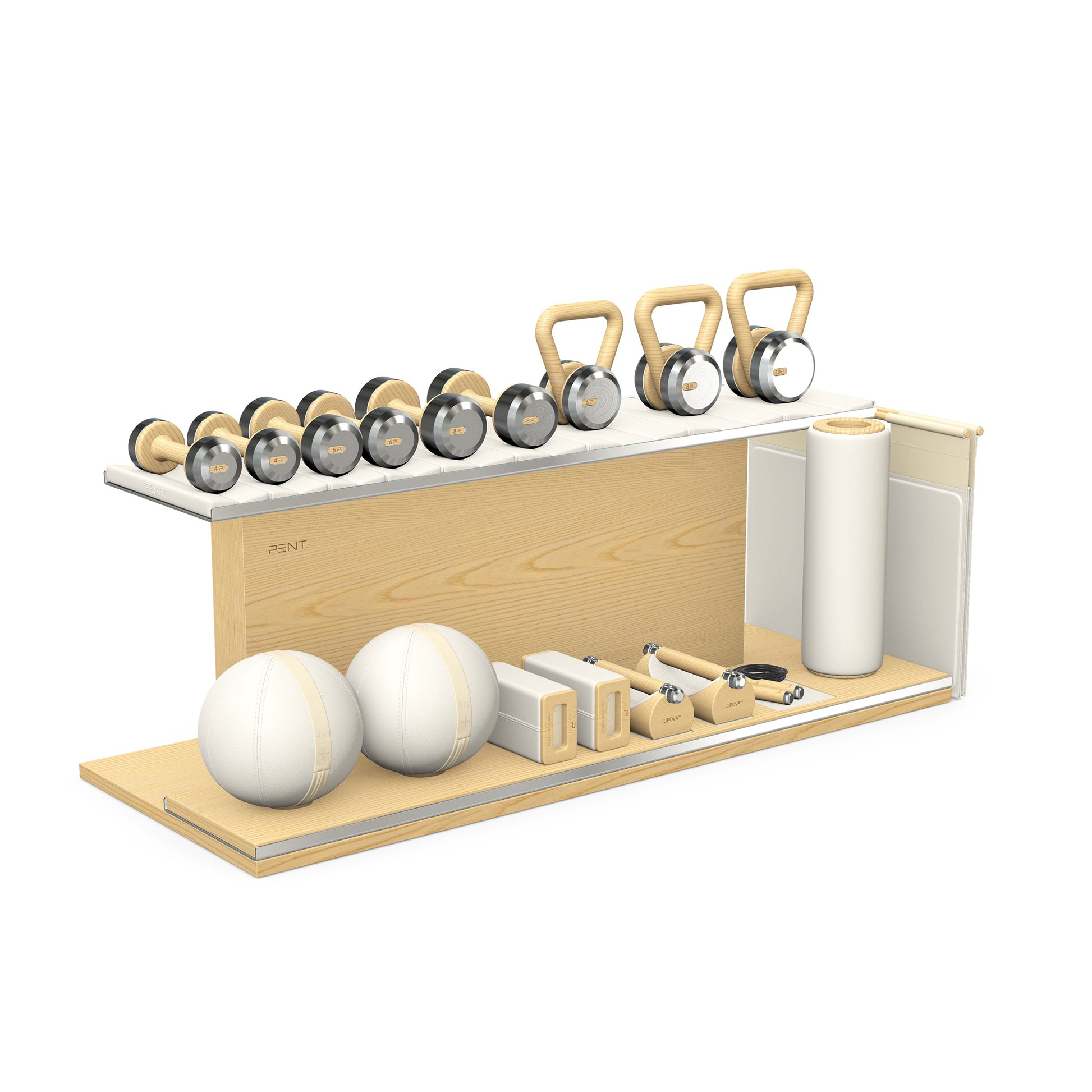 PENT. ANA: Skipping rope, push up bars, fitness mat, dumbbells, kettlebells, stretching roller, yoga blocks and leather medicine balls. Handcrafted with stainless steel, premium Italian white base leather, beige accent leather and natural ash wood.