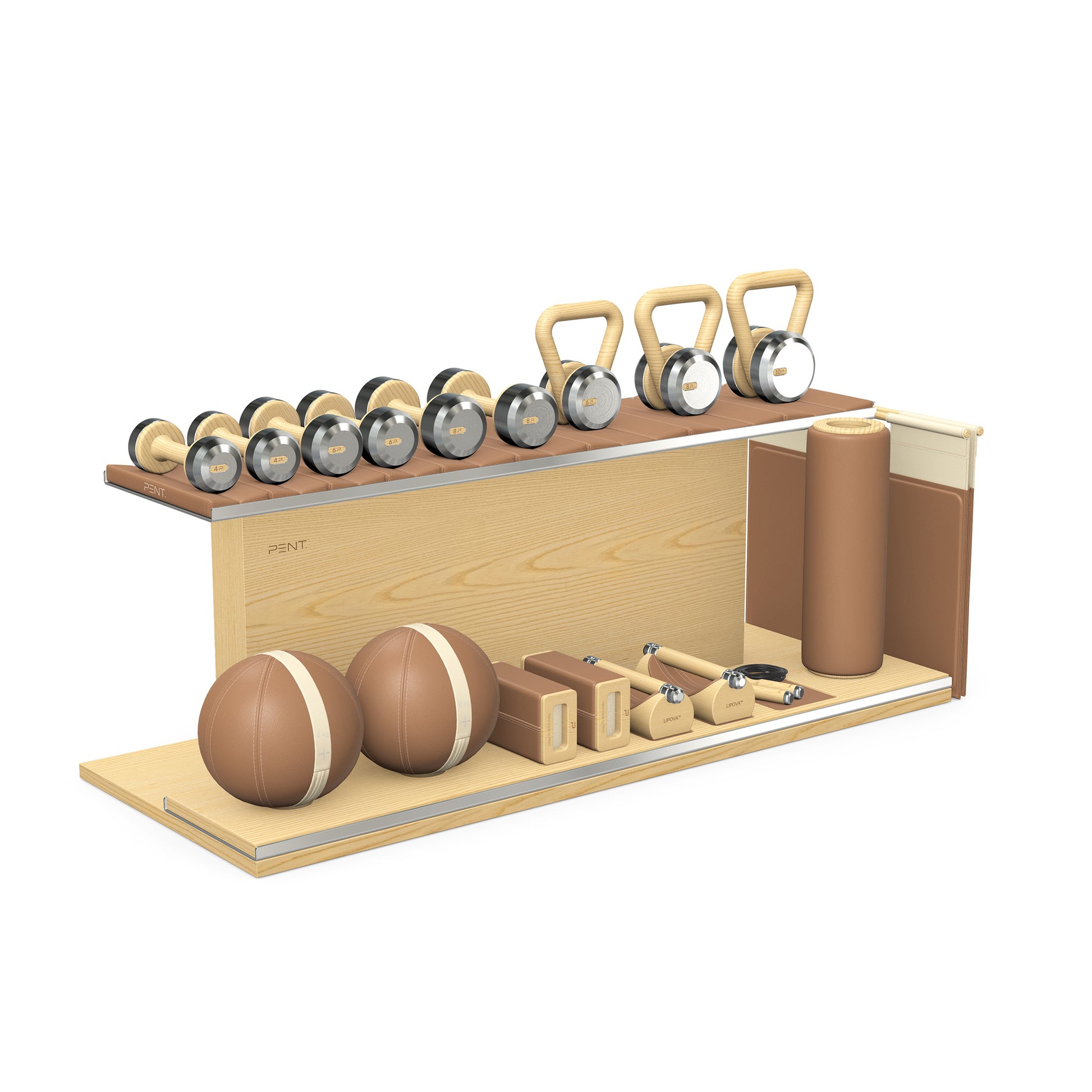 PENT. ANA: Skipping rope, push up bars, fitness mat, dumbbells, kettlebells, stretching roller, yoga blocks and leather medicine balls. Handcrafted with stainless steel, premium Italian brown base leather, beige accent leather and natural ash wood.