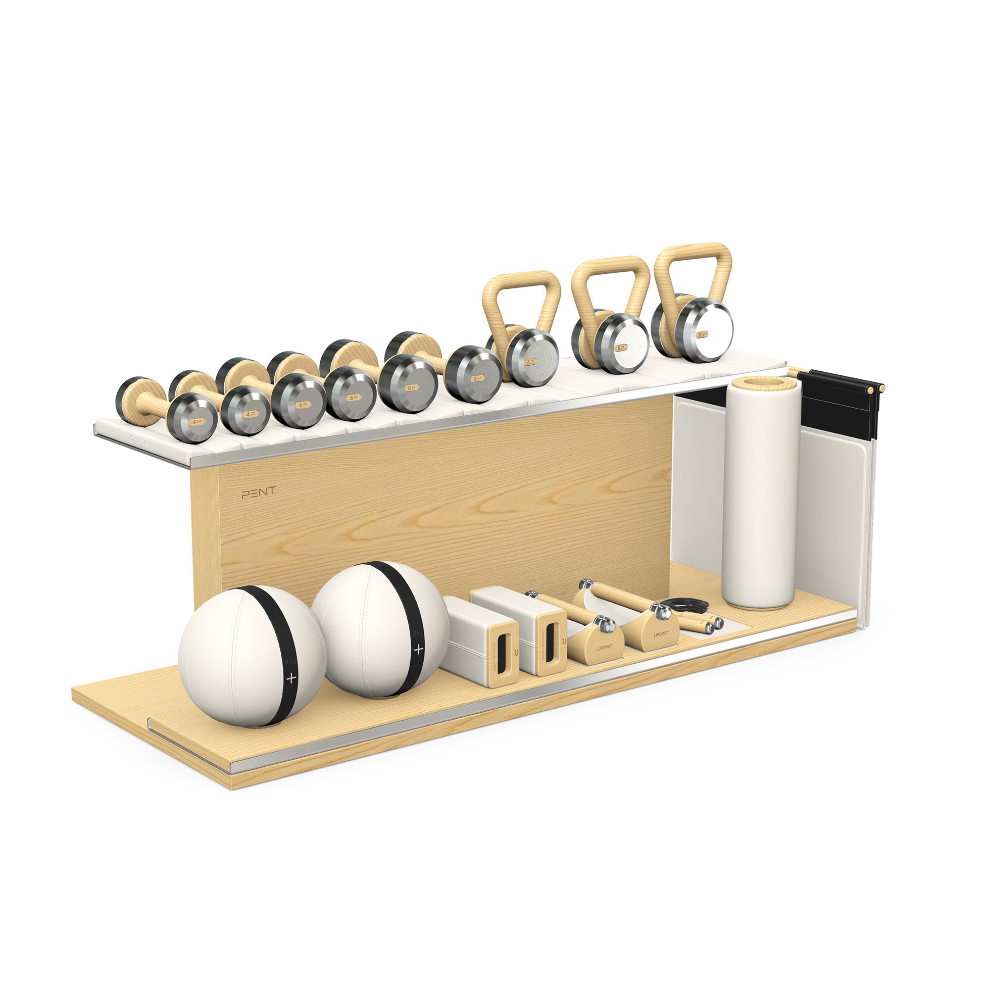 PENT. ANA: Skipping rope, push up bars, fitness mat, dumbbells, kettlebells, stretching roller, yoga blocks and leather medicine balls. Handcrafted with stainless steel, premium Italian white base leather, black accent leather and natural ash wood.