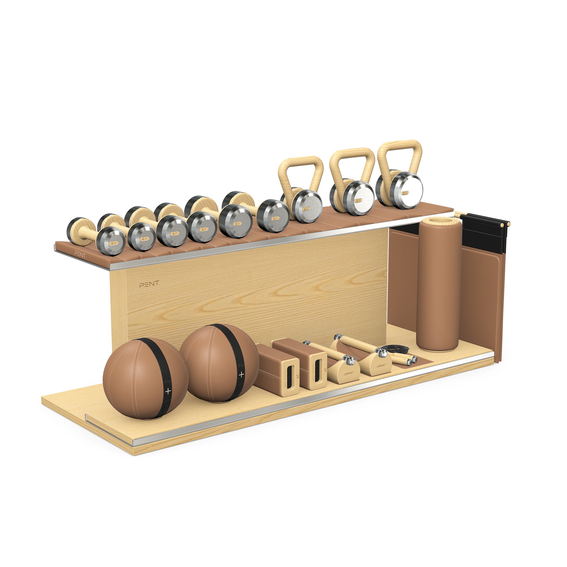 PENT. ANA: Skipping rope, push up bars, fitness mat, dumbbells, kettlebells, stretching roller, yoga blocks and leather medicine balls. Handcrafted with stainless steel, premium Italian brown base leather, black accent leather and natural ash wood.