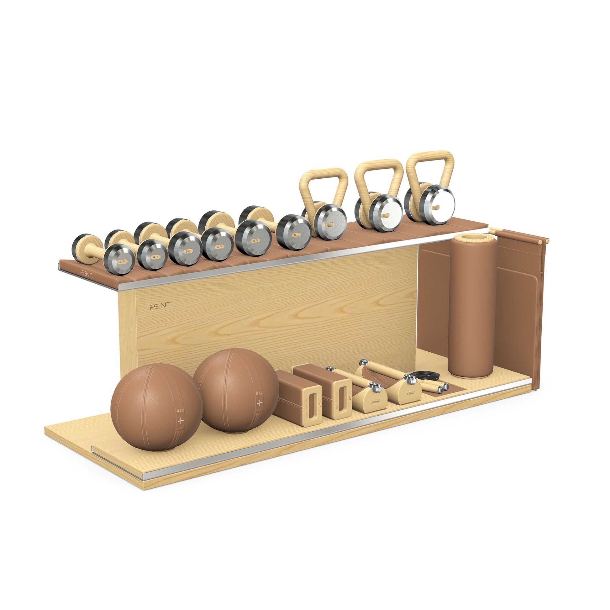 PENT. ANA: Skipping rope, push up bars, fitness mat, dumbbells, kettlebells, stretching roller, yoga blocks and leather medicine balls. Handcrafted with stainless steel, premium Italian brown base leather, brown accent leather and natural ash wood.