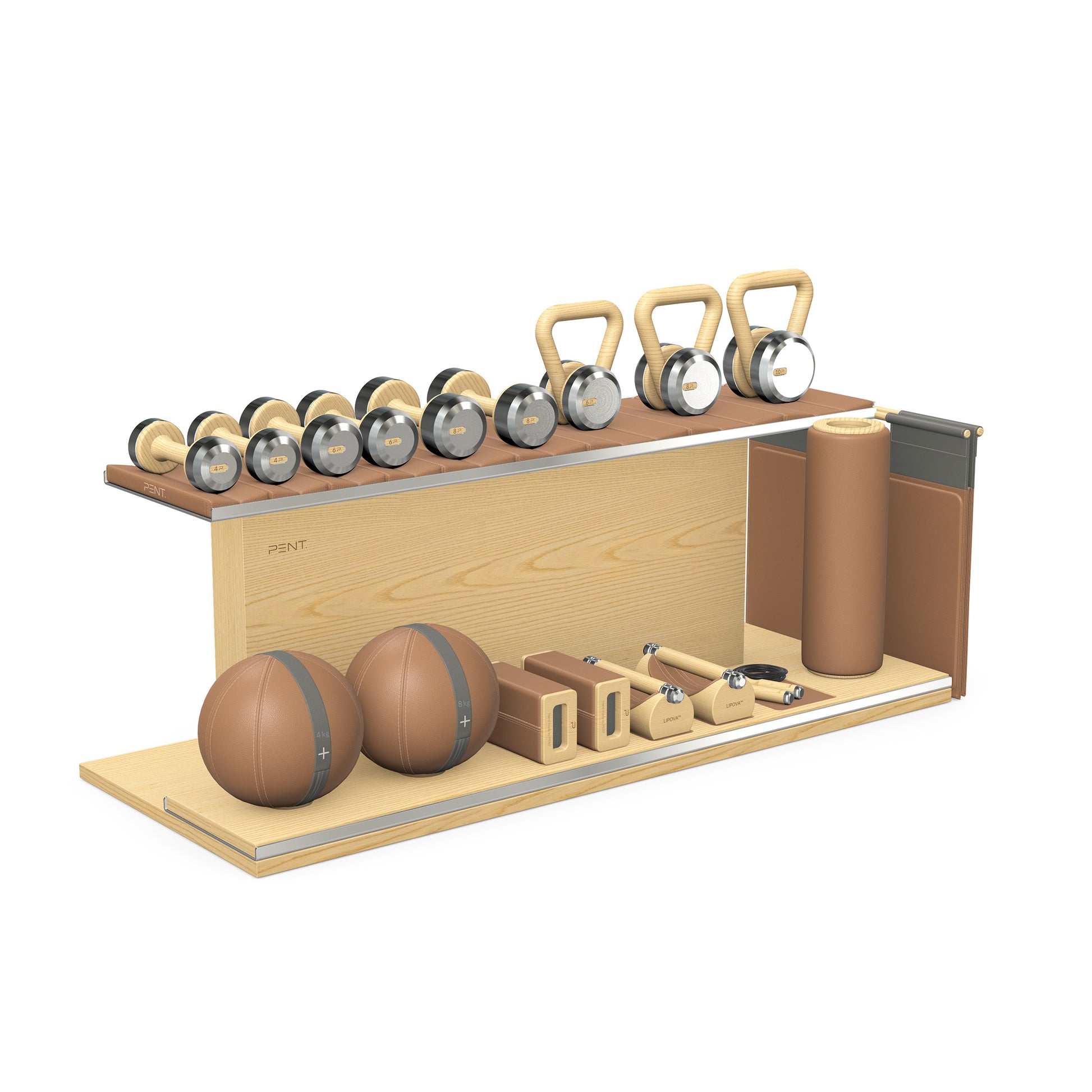 PENT. ANA: Skipping rope, push up bars, fitness mat, dumbbells, kettlebells, stretching roller, yoga blocks and leather medicine balls. Handcrafted with stainless steel, premium Italian brown base leather, grey accent leather and natural ash wood.