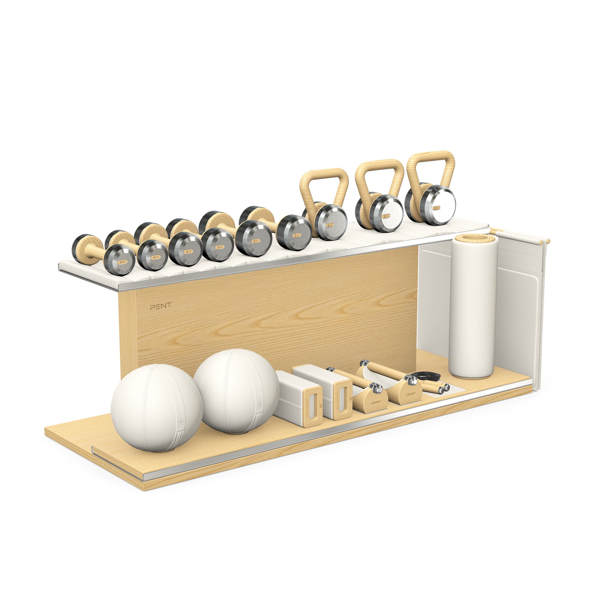 PENT. ANA: Skipping rope, push up bars, fitness mat, dumbbells, kettlebells, stretching roller, yoga blocks and leather medicine balls. Handcrafted with stainless steel, premium Italian white base leather, white accent leather and natural ash wood.