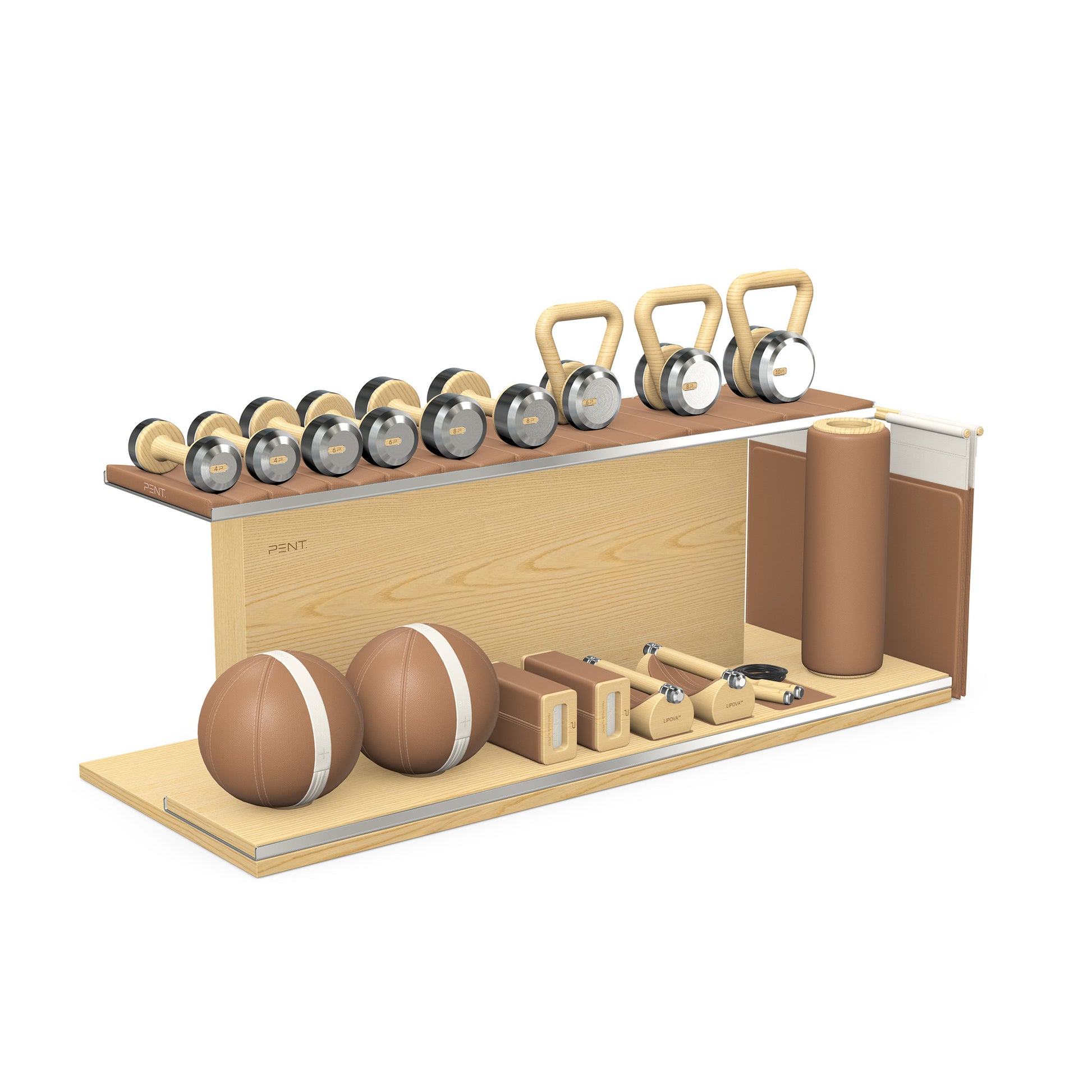 PENT. ANA: Skipping rope, push up bars, fitness mat, dumbbells, kettlebells, stretching roller, yoga blocks and leather medicine balls. Handcrafted with stainless steel, premium Italian brown base leather, white accent leather and natural ash wood.